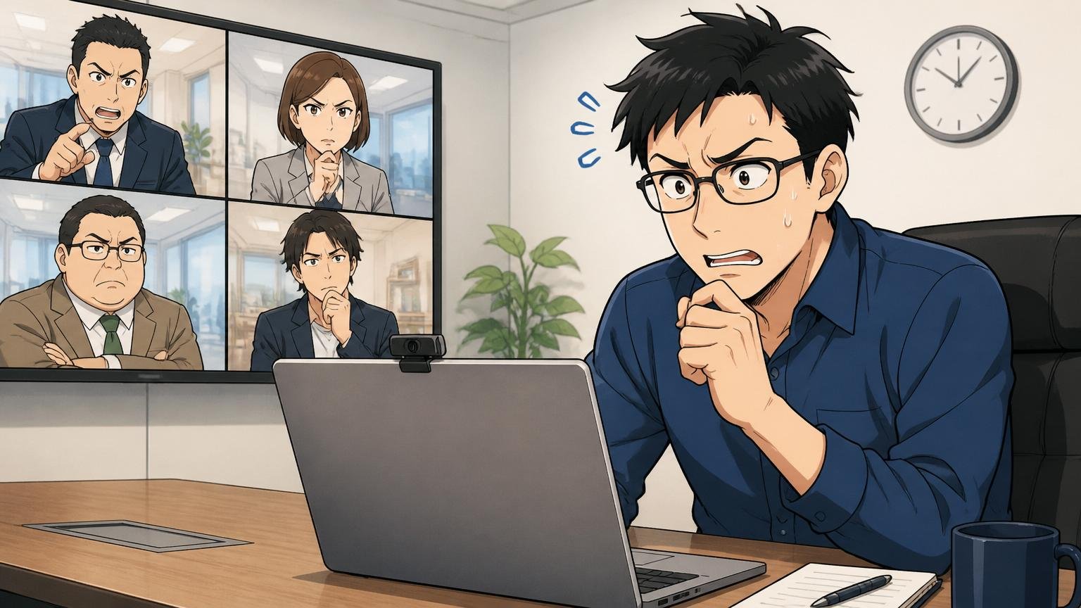 面接で差がつく質問。企業の会議室でオンライン面接を受ける30代男性エンジニア1人、緊張の表情