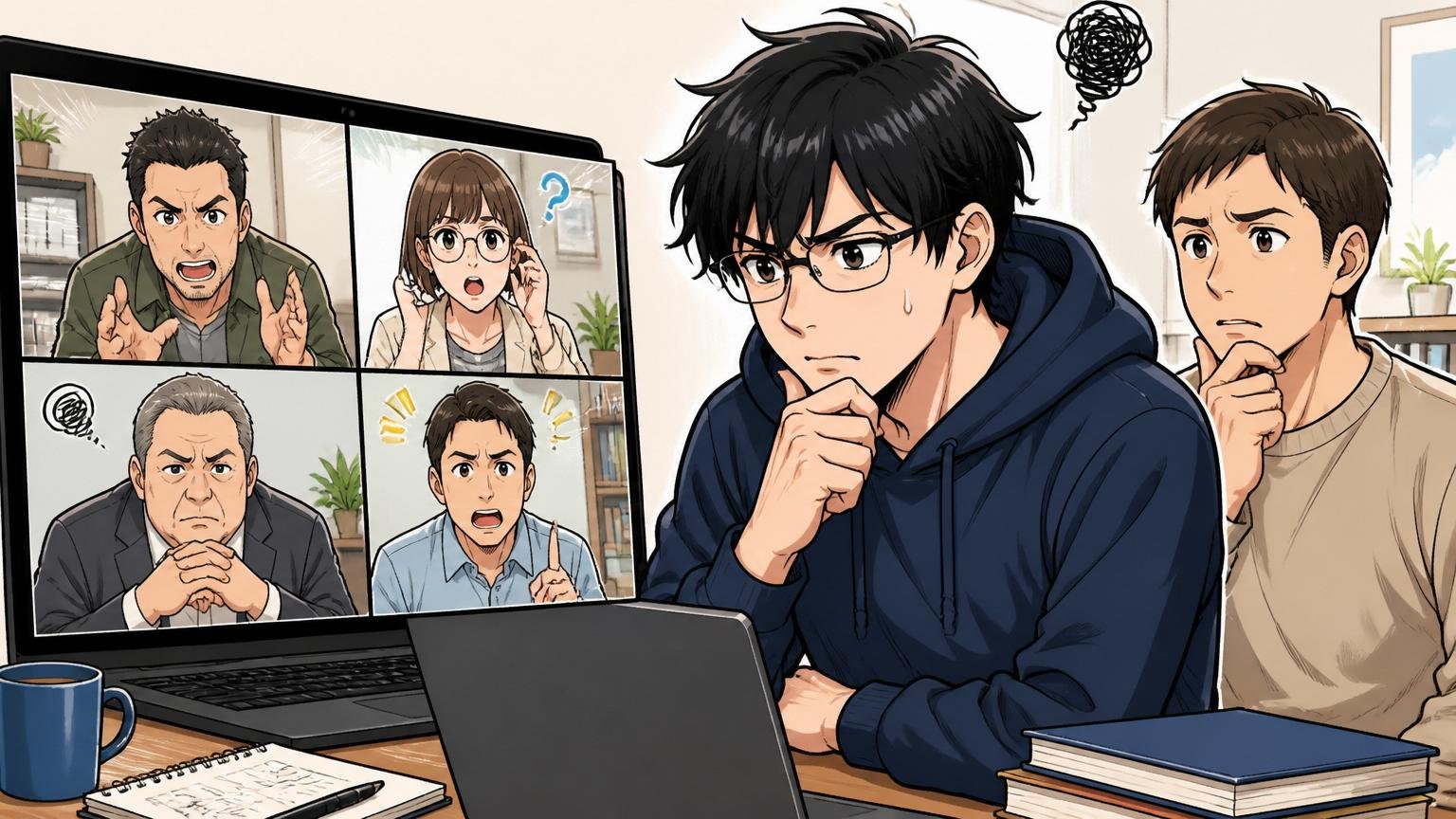技術力があっても落ちるのはなぜか。オンライン面接で複数の面接官と話すエンジニア、2人、考え込む表情
