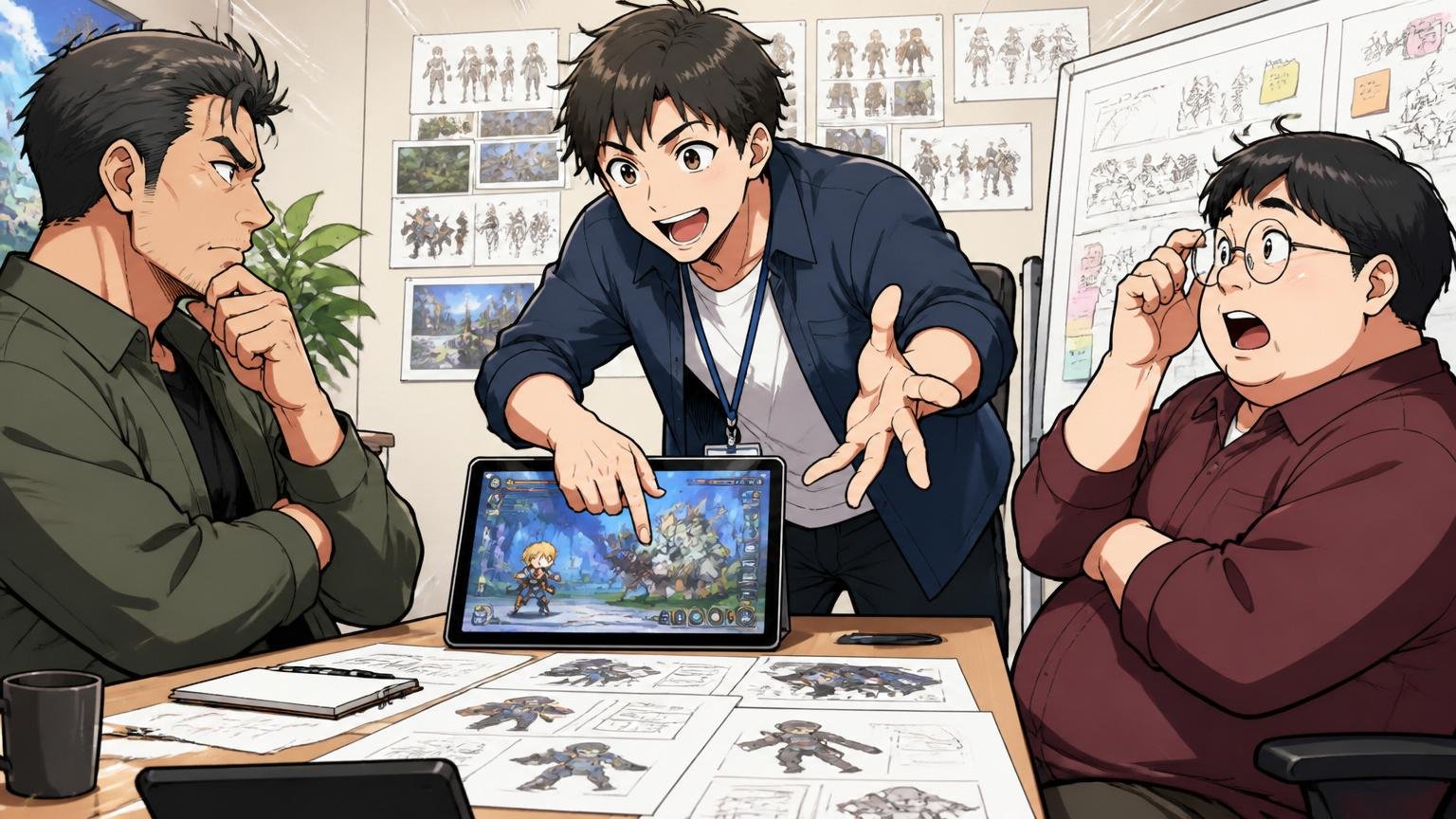 面接の深掘り。ゲーム開発企業の面接室で面接官2人に自分の制作した作品を熱心に説明する応募者1人が前のめりの姿勢