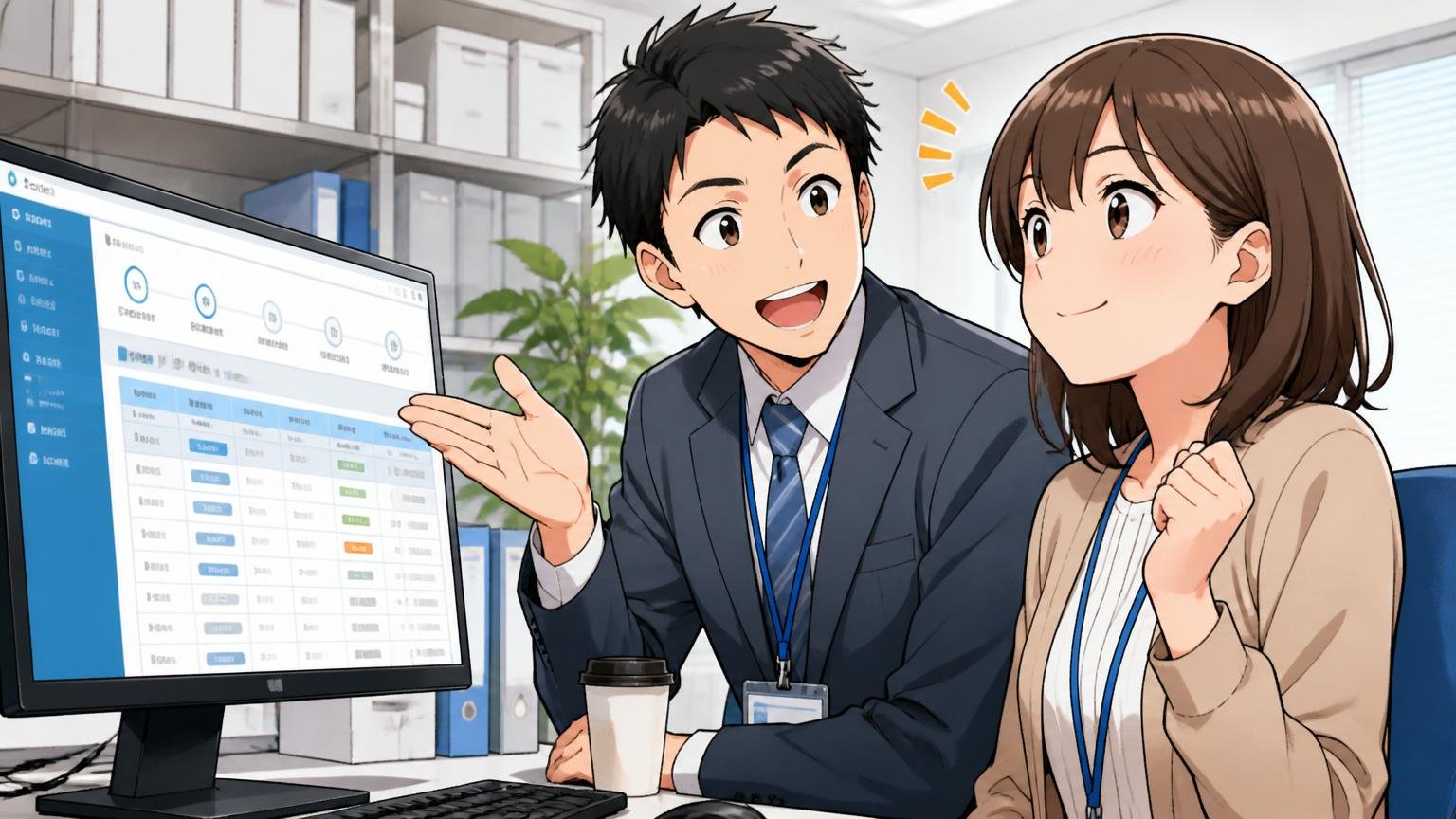 企業のオフィスで楽楽精算のデモ画面をPCに映しながら満足げに頷く経理担当の女性社員1人と隣で説明する営業職男性1人