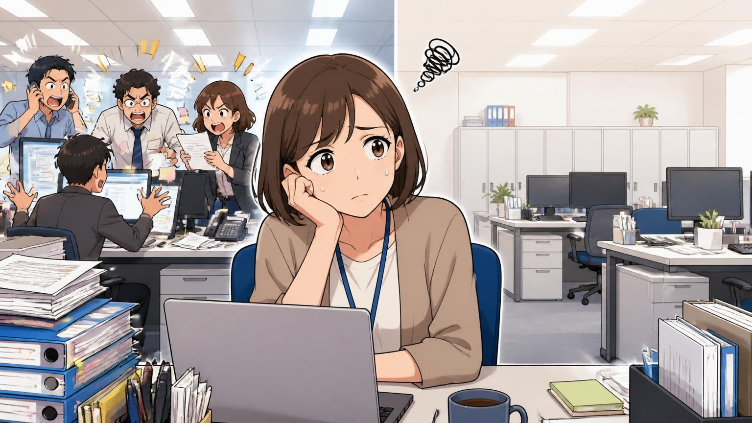 大手SIerのオフィスで隣の島と自分の島の忙しさが対照的な様子に困惑する30代女性エンジニア1人