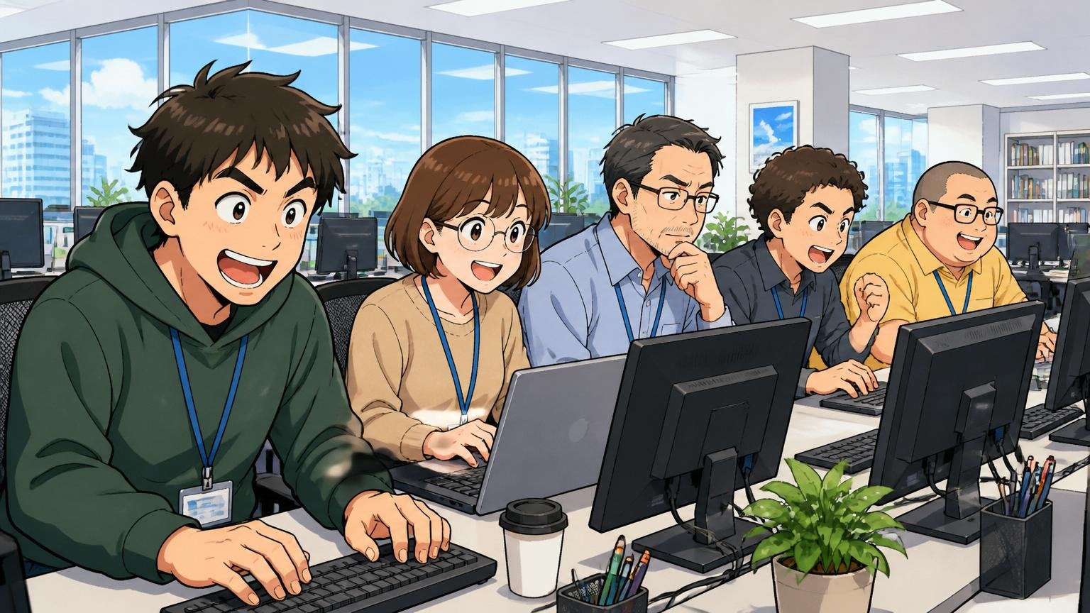 従業員1698名平均34.4歳の構成比｜企業のオフィスフロアでデスクに並んで作業する多様な年代のエンジニア5名