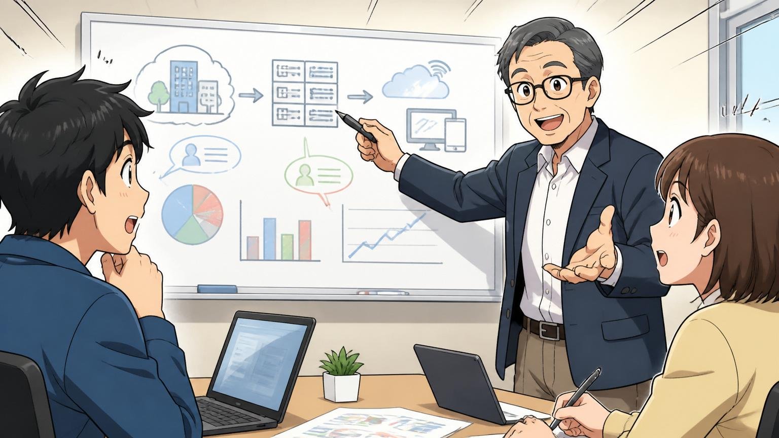 会社概要を説明するメンター｜IT企業の会議室でベテランが若手2人にホワイトボードで事業内容を解説