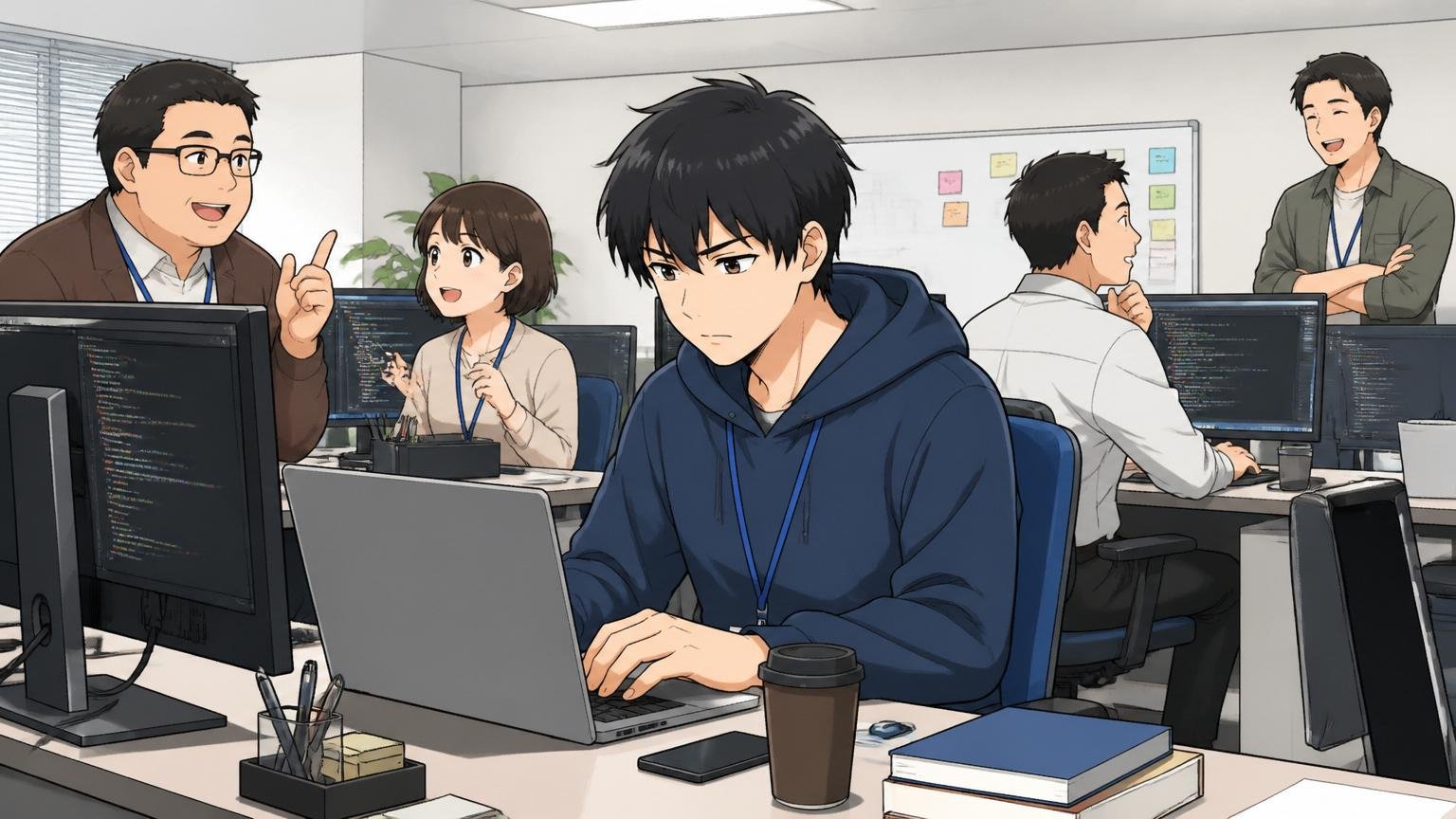 客先常駐の働き方を考える場面。SIerの開発現場で常駐する30代エンジニアが他社の社員に囲まれて黙々と作業している