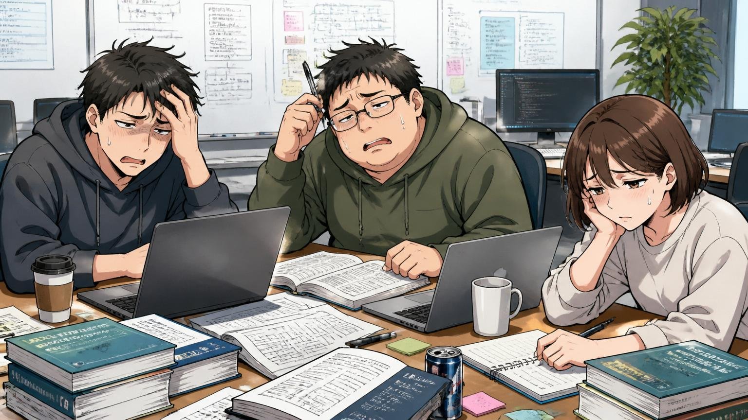 休日に研修を受けるエンジニアたち、IT企業の研修ルームで3人が休日返上で勉強しつつ疲れた表情