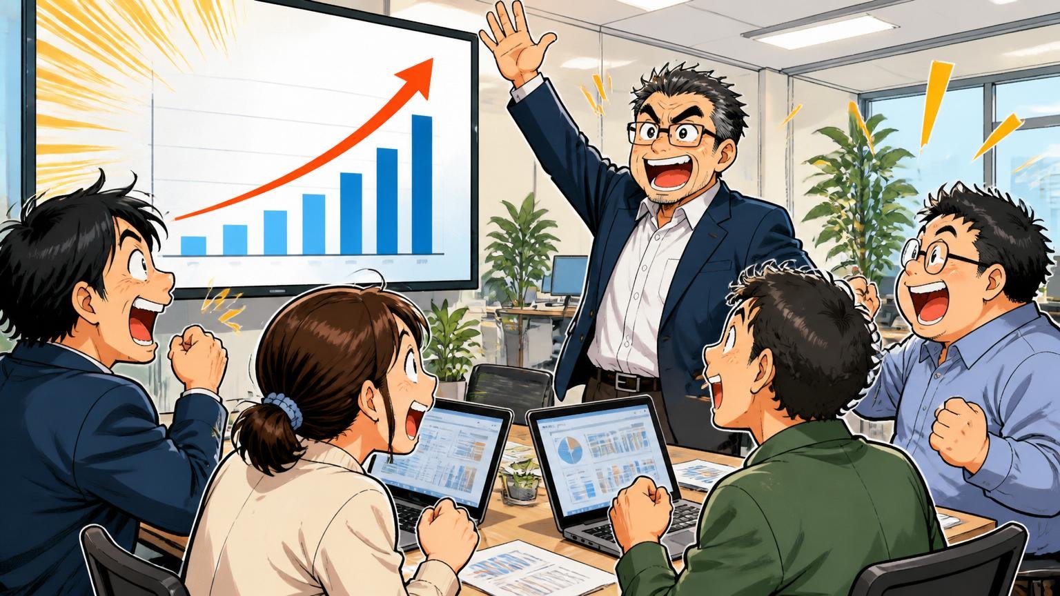 売上は2年で約2倍の急成長を象徴するWeb系上場企業のフロアで決算資料を前に手を上げる役員と社員4名の様子