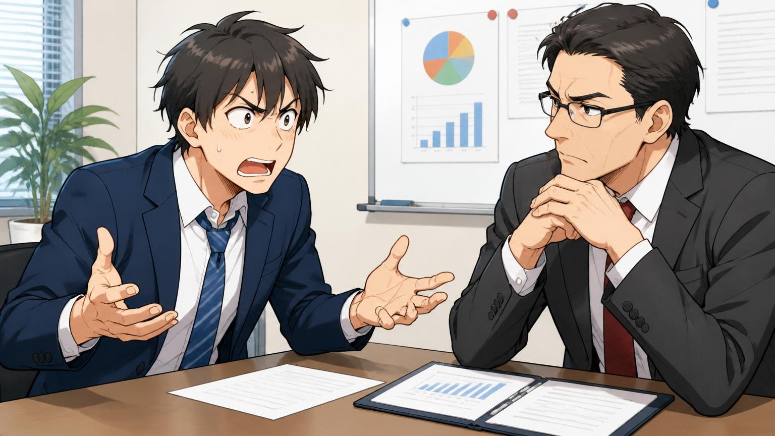 評価制度が不透明。会議室で評価面談を受け納得いかない表情の男性社員1人と上司1人