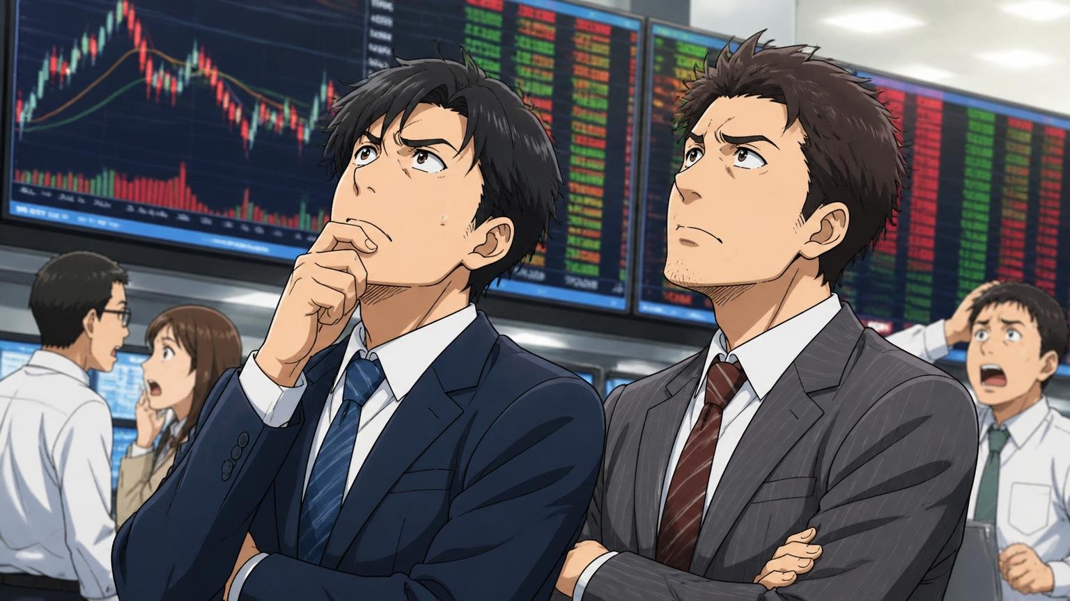 証券取引所のモニター前で株価チャートを見上げ、難しい表情で考え込むスーツ姿のビジネスパーソン2人