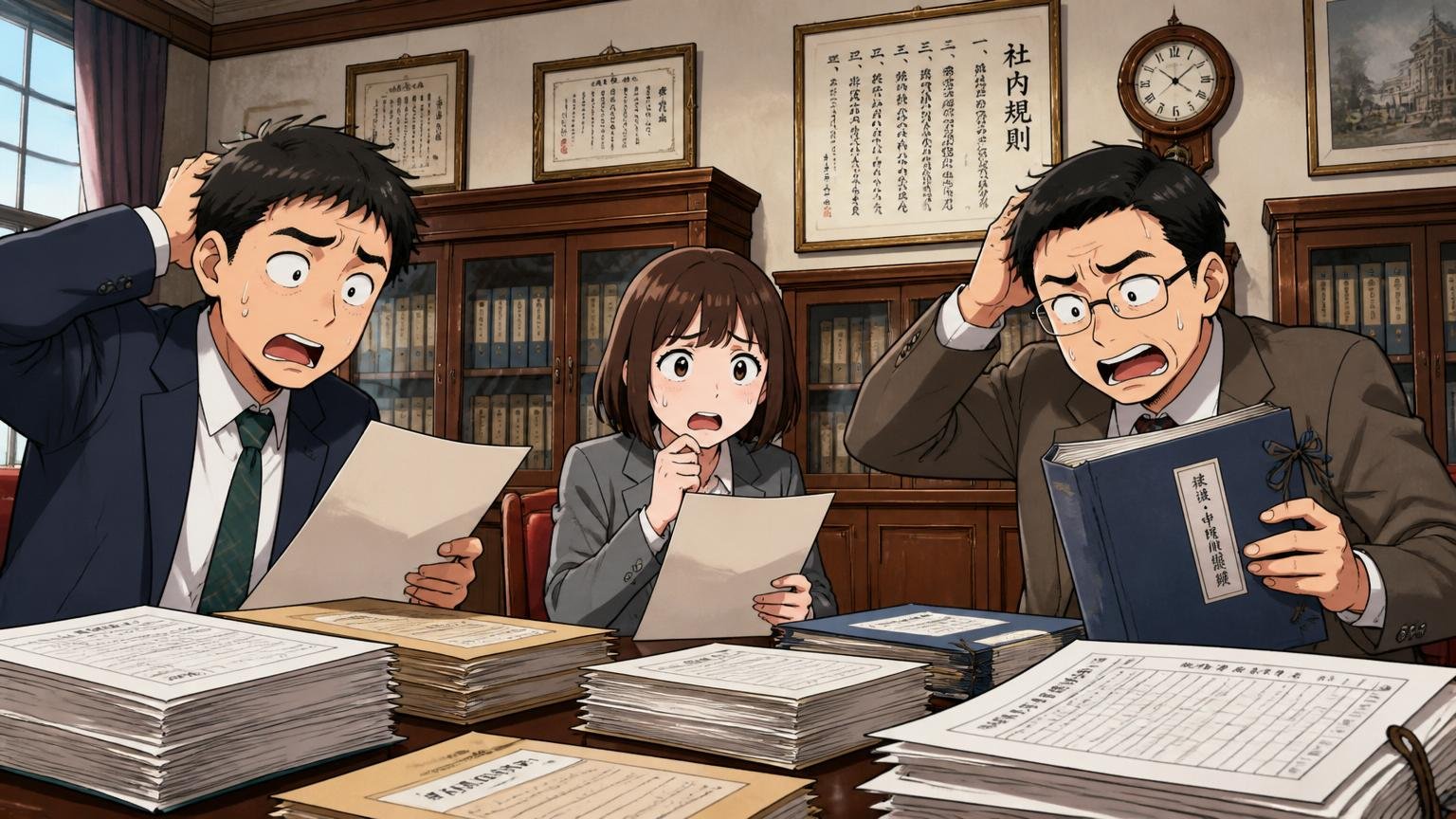 古風な企業体質と硬い社内ルール｜歴史ある企業の会議室で書類手続きに困惑する社員3人