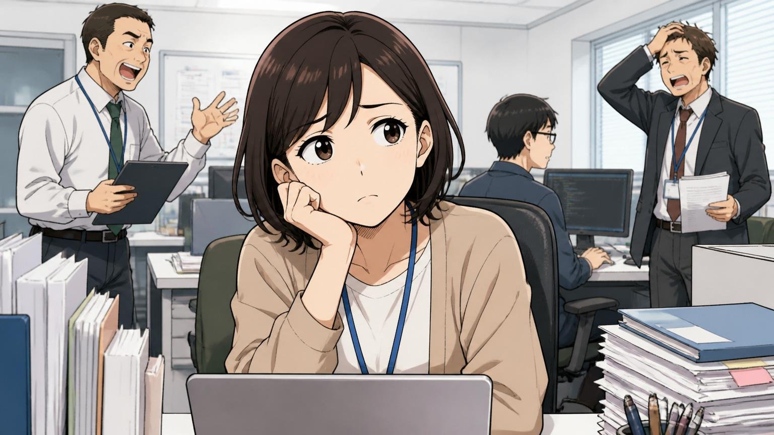 SES・客先常駐という働き方への不安。SIerのオフィスで常駐先への出向を考える30代女性エンジニアが思案する表情