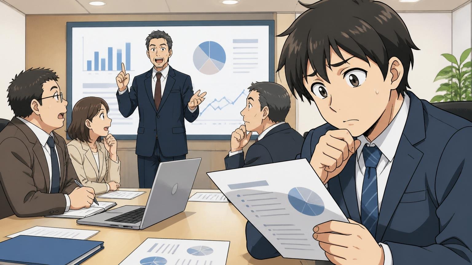 企業の会議室で経営層の説明を聞く社員たちと、少し戸惑った表情で資料を見る若手社員のオフィス風景