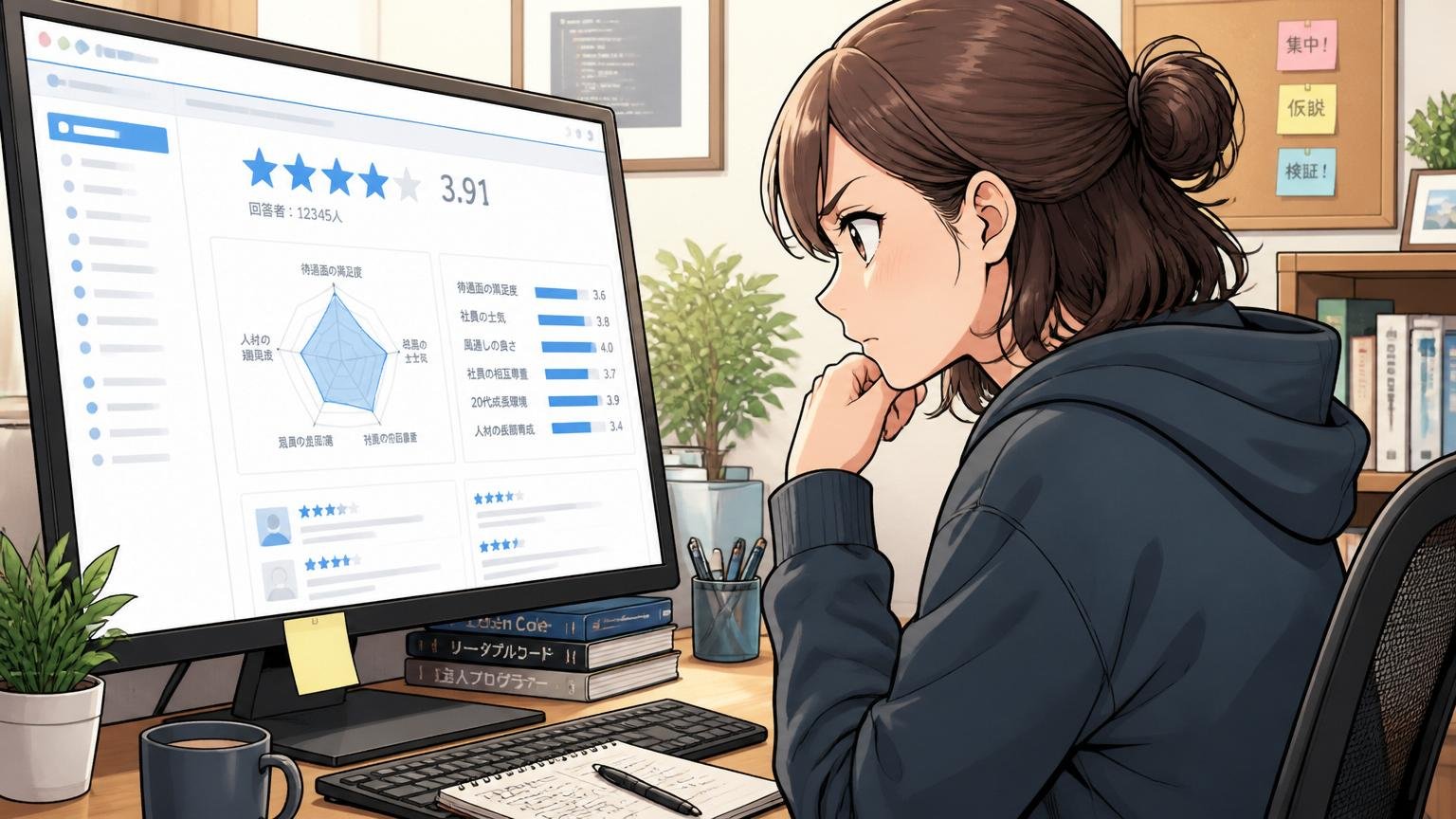 根拠③OpenWorkスコア。在宅勤務の自宅デスクで企業口コミサイトのスコア画面を真剣に見るエンジニア女性1人