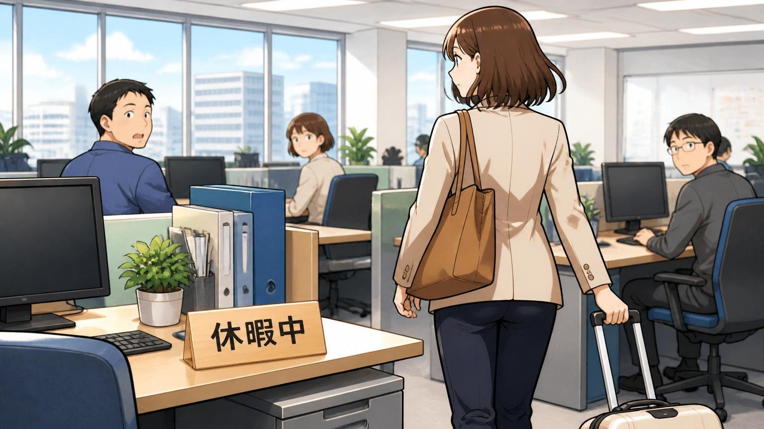 都心のIT企業のオフィスデスクに「休暇中」のプレートを置いて出かける30代女性社員の後ろ姿