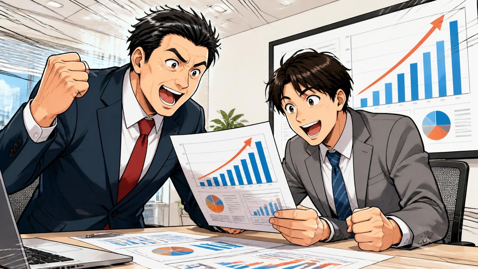 事業としては急成長している側面、企業の会議室で決算資料を見る、40代男性1人と30代男性1人、勢いのある雰囲気
