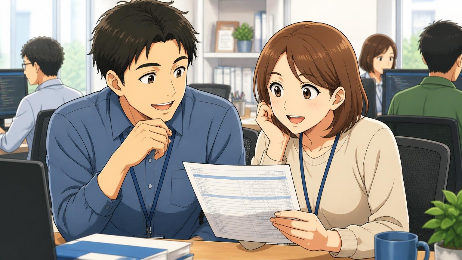 SIerのオフィスで給与明細を確認しながら穏やかな表情で会話する30代男女エンジニア2人