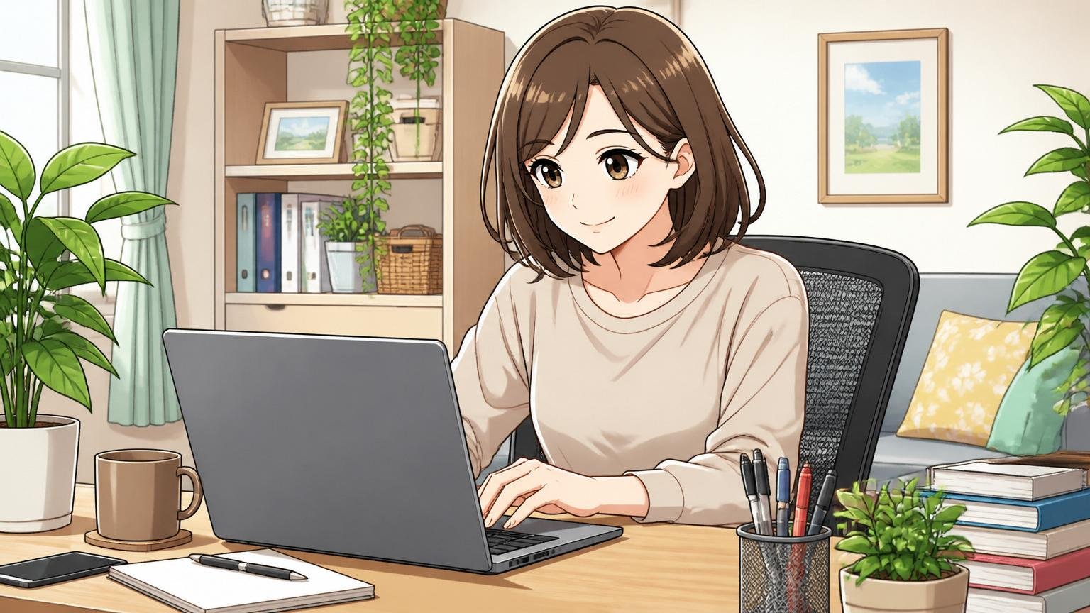 自宅でリモートワーク中のエンジニア、自宅のデスクで在宅勤務、30代女性1人、リラックスした表情