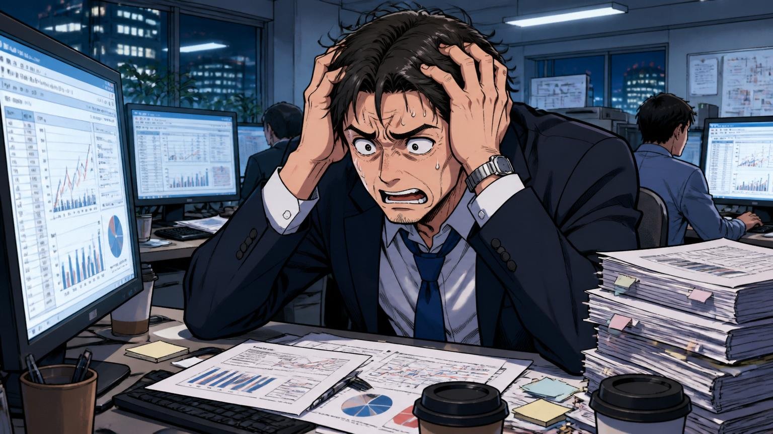 深夜のIT企業オフィスで複数のディスプレイに向き合う営業マネージャーが資料の数値を睨みながら頭を抱えて疲弊している