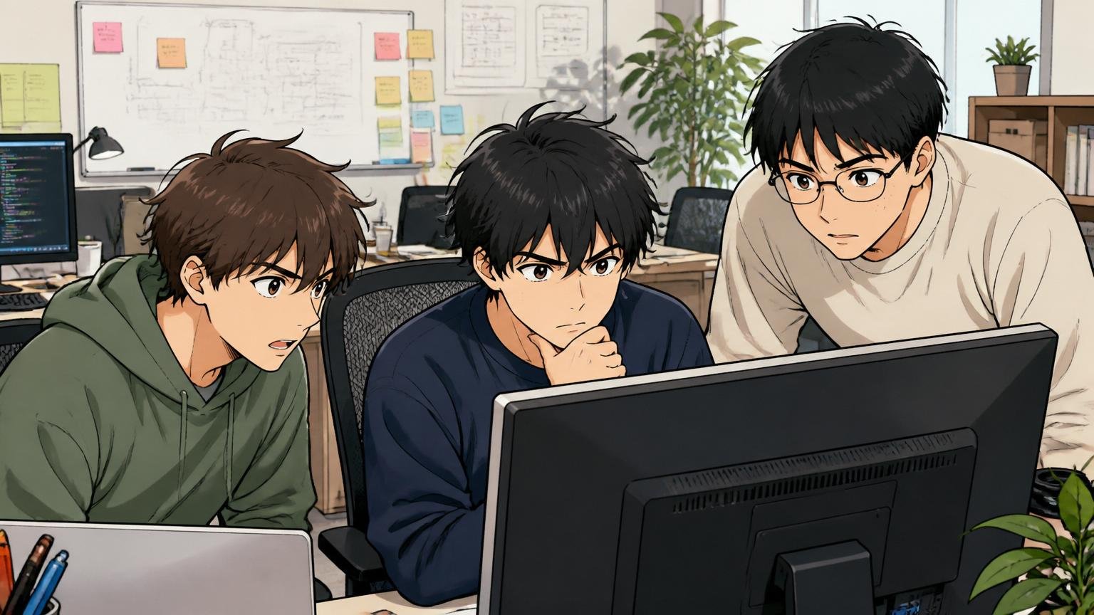 採用フローの特殊性(新卒は長期インターン経由のみ)。Web系スタートアップのオフィスで20代男性インターン3人が、開発中のPC画面を真剣に見つめる表情