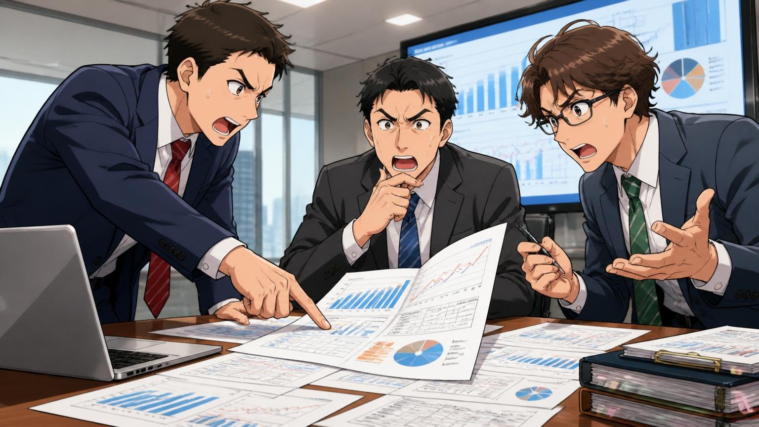 直近の業績を読む 投資銀行のミーティングルームで決算資料を広げて議論するビジネスパーソン3人