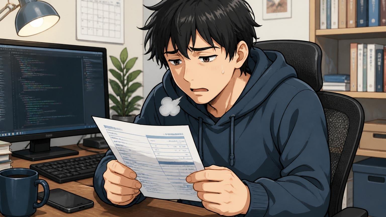 年収頭打ち600万円付近 ITエンジニアが自宅のデスクで給与明細を眺める1人、ため息をついた表情