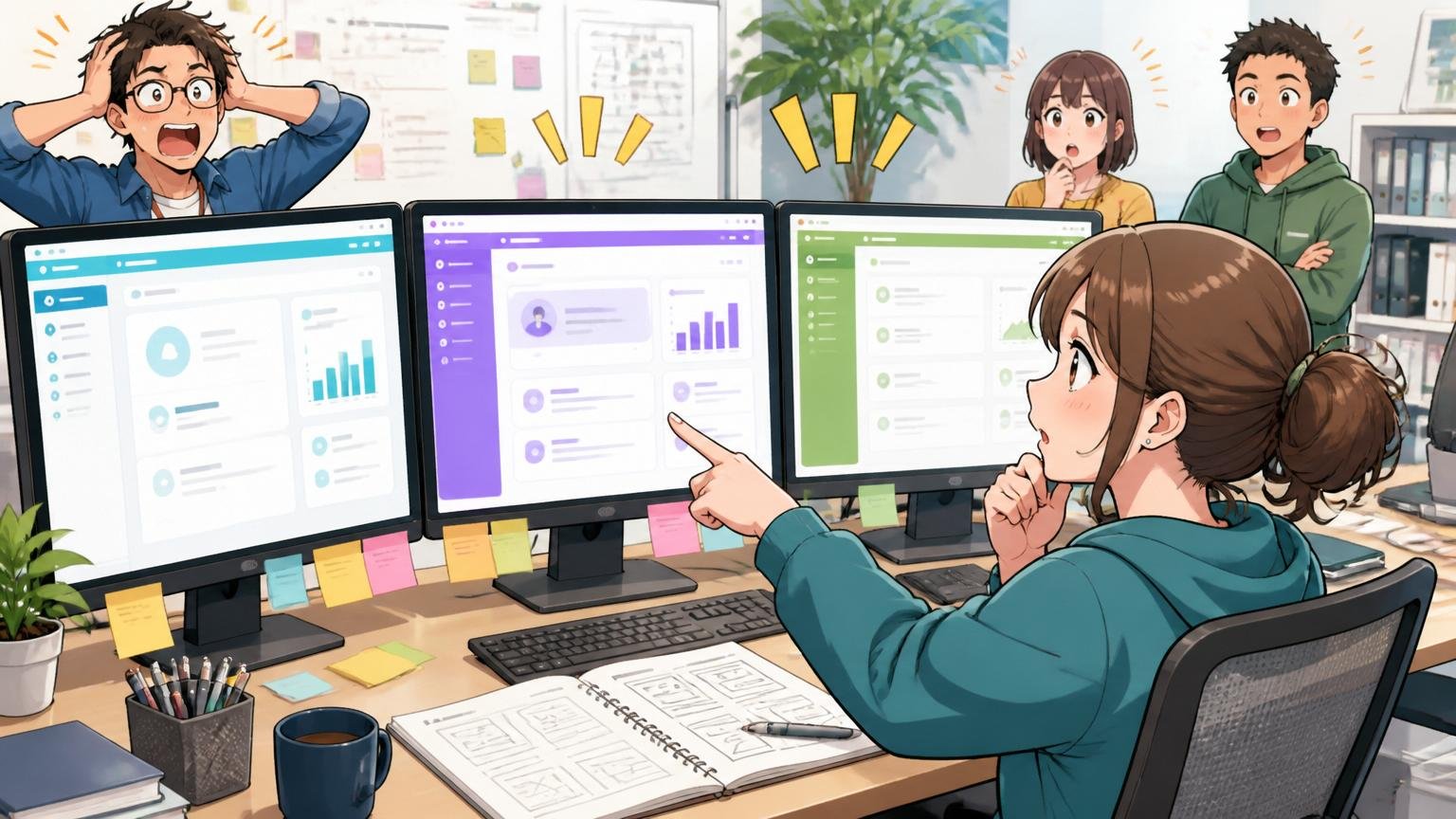 自社プロダクト画面を3つ並べて見比べる開発スタジオの女性エンジニア