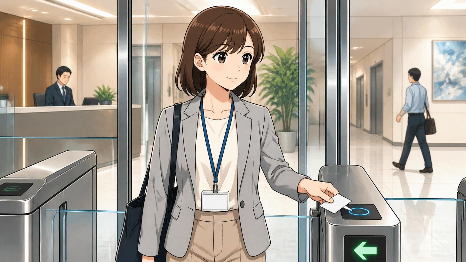 客先常駐先の他社オフィスに一人で出社し名札を首から下げて入館ゲートを通る20代女性エンジニア1人