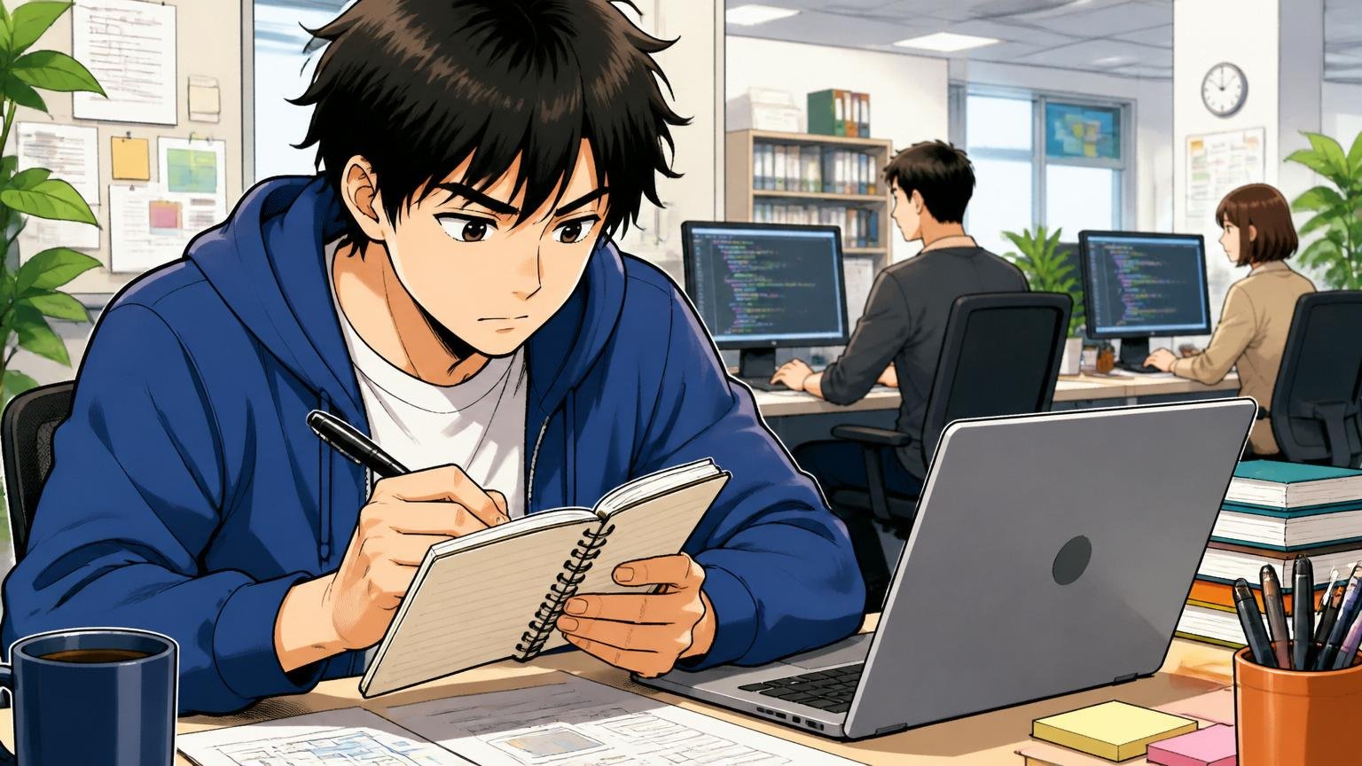 Web系企業のオフィスで男性エンジニア1人がノートに「どの会社のことを調べているか」とメモしている