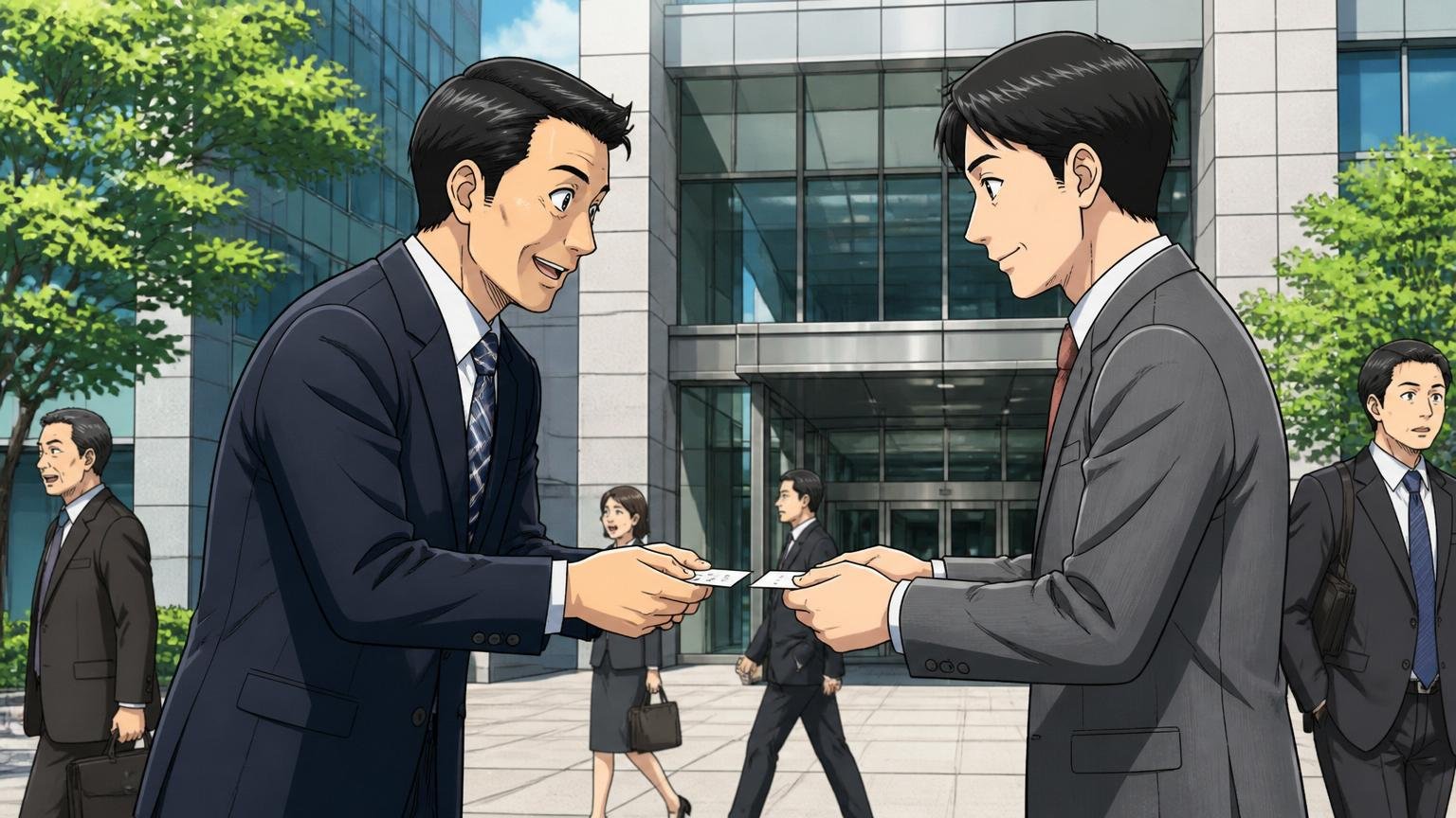 東証プライム上場企業のオフィスビル前で名刺交換するスーツ姿のビジネスパーソン2人