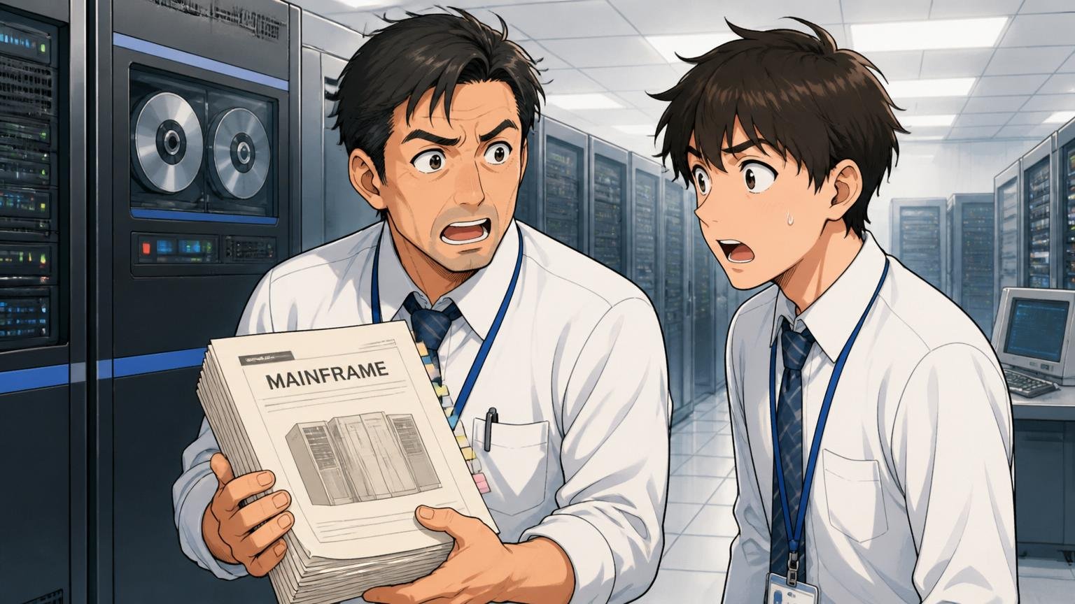金融機関のサーバールーム前でメインフレーム関連書類を抱える40代男性エンジニアと20代男性後輩