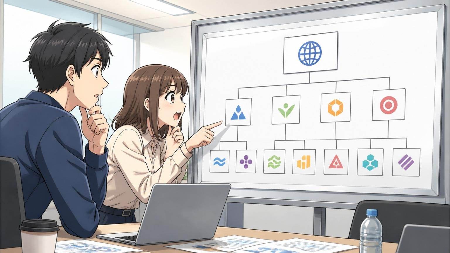 Web系インターネット企業の会議室で複数の子会社ロゴが書かれた組織図を眺める20代後半男女2人