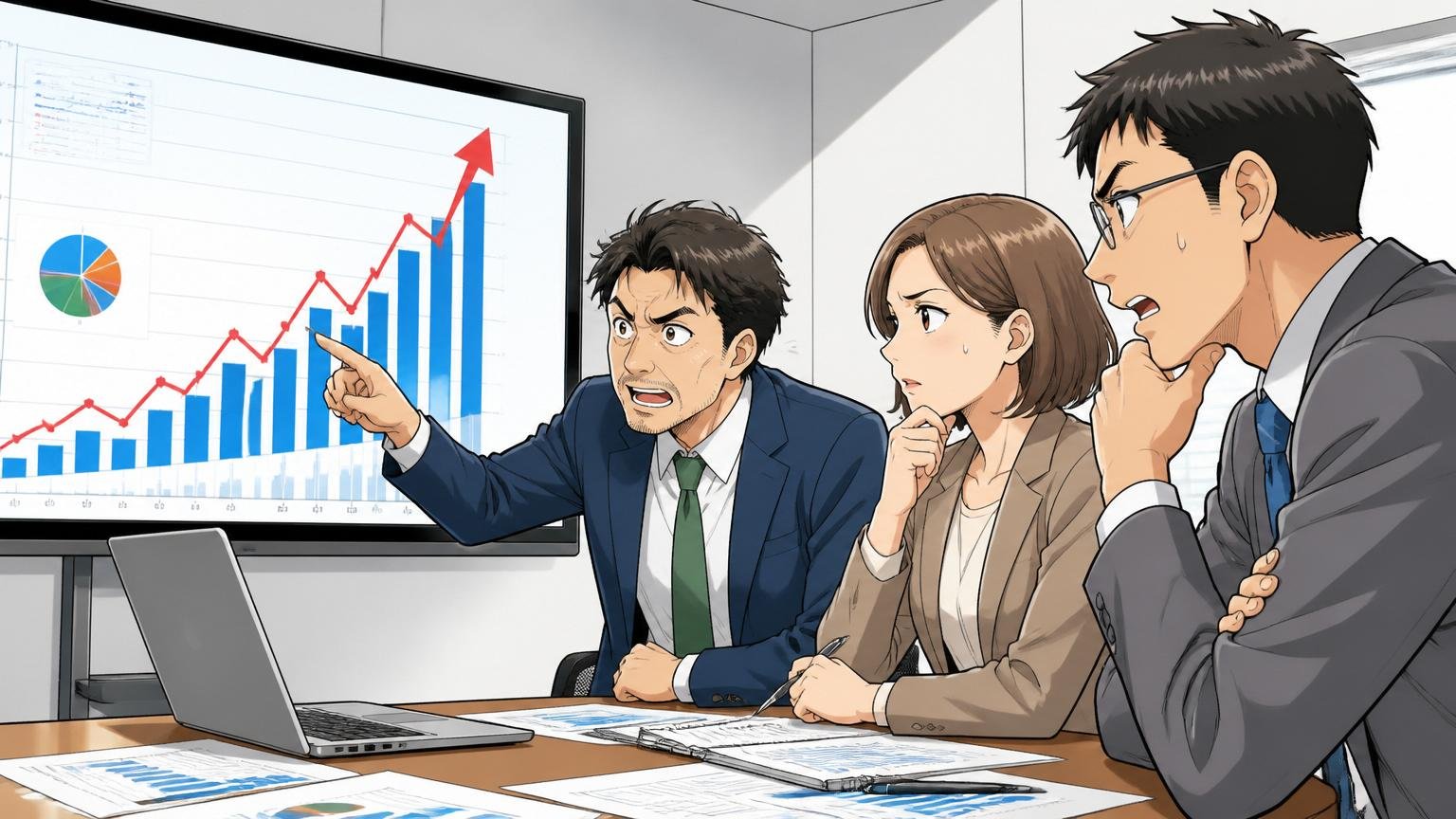 売上高推移を分析する場面、企業の会議室でモニターを見つめる3人が真剣な表情で議論