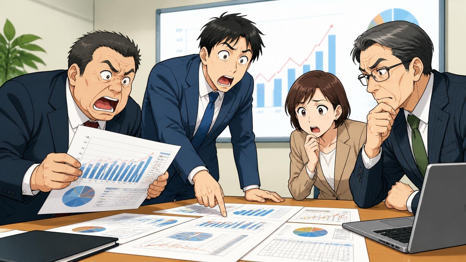 業績推移 企業の会議室で決算資料を前に経営陣4名が分析する場面