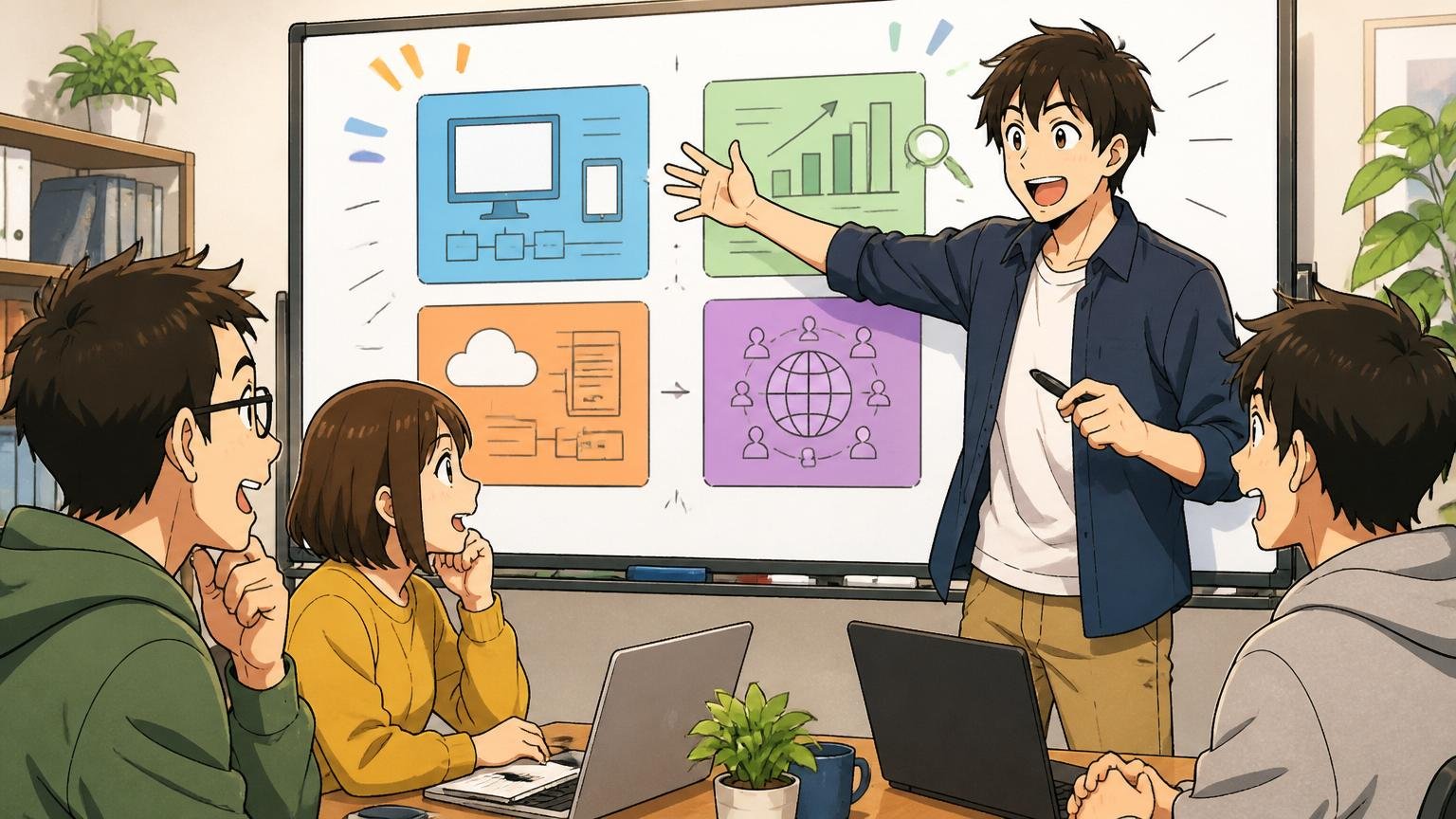 Web系企業のミーティングスペースで4つの事業領域を説明する男性と聞く若手エンジニア