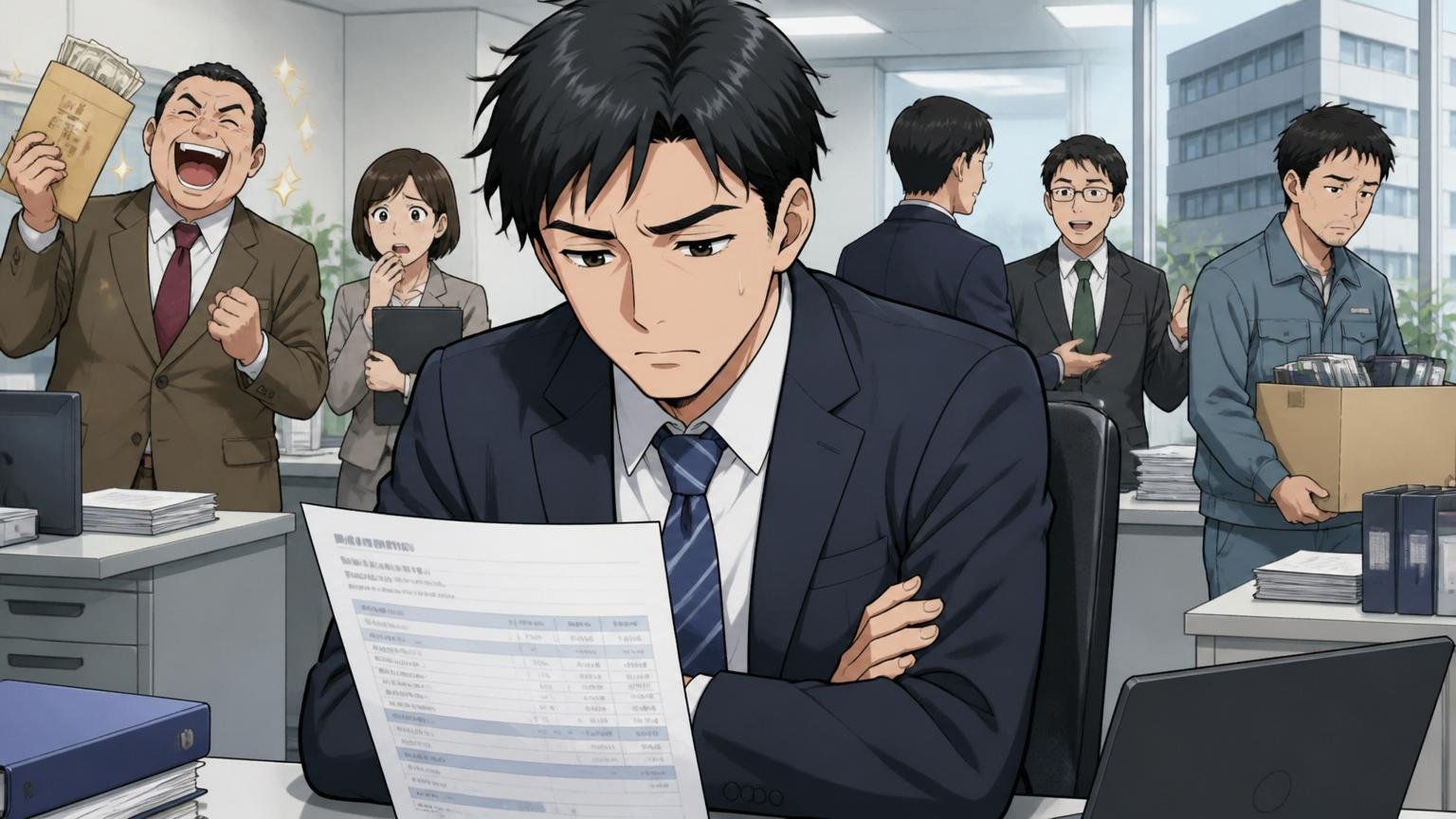 高年収の裏にある給与格差と出向構造。日本の大企業のオフィスで給与明細を前にした中堅の男性社員が複雑な表情で腕を組み考え込む