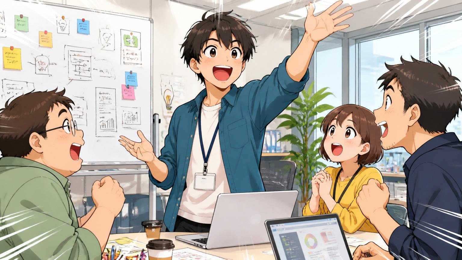 Web系企業のオフィスで若手社員が自ら手を挙げて企画を提案している会議シーン、4人、活気のある雰囲気