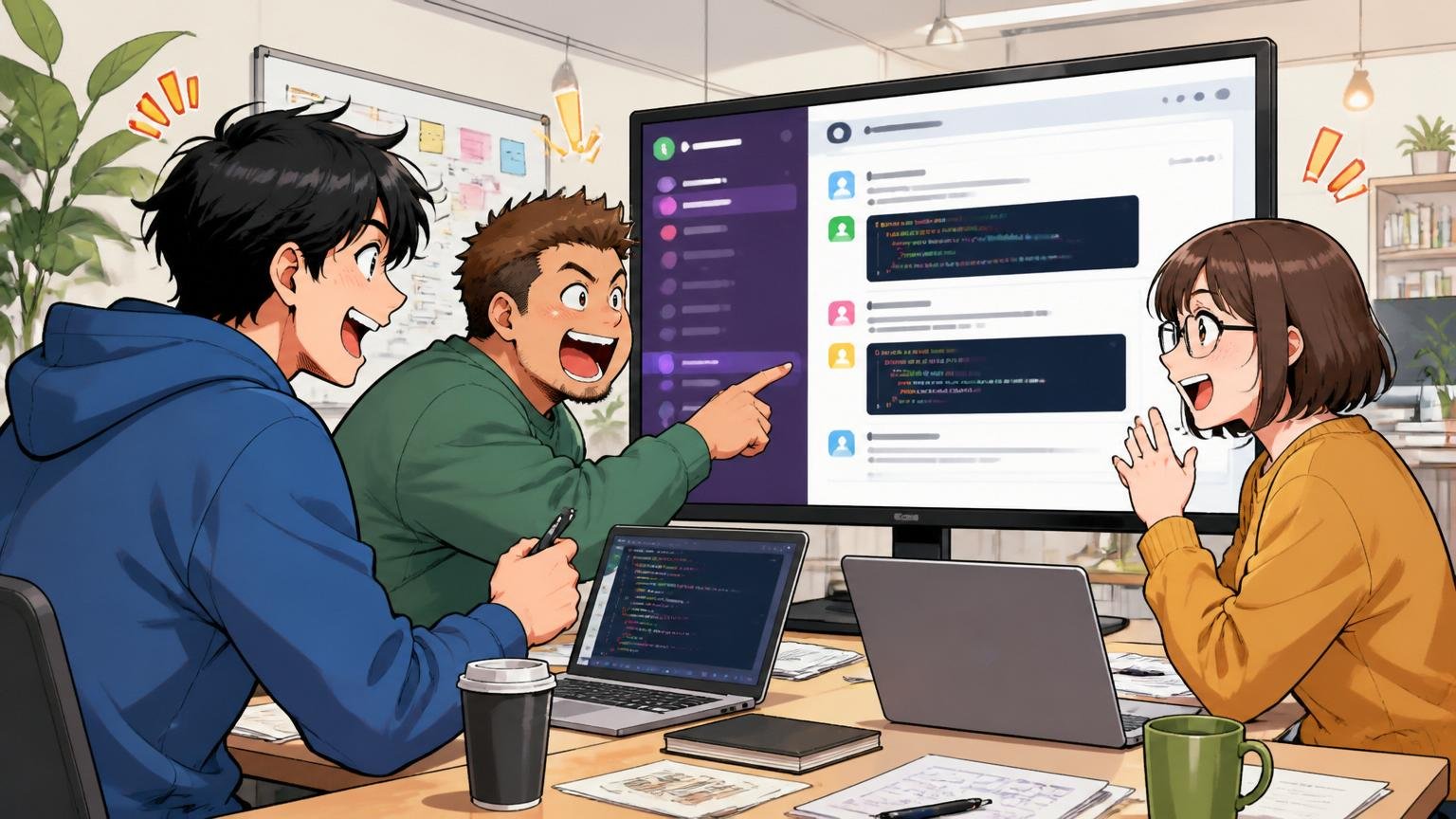 開発体制を紹介、Web系企業のオフィスでSlackの技術共有画面を見ながら勉強会をする3人のエンジニア