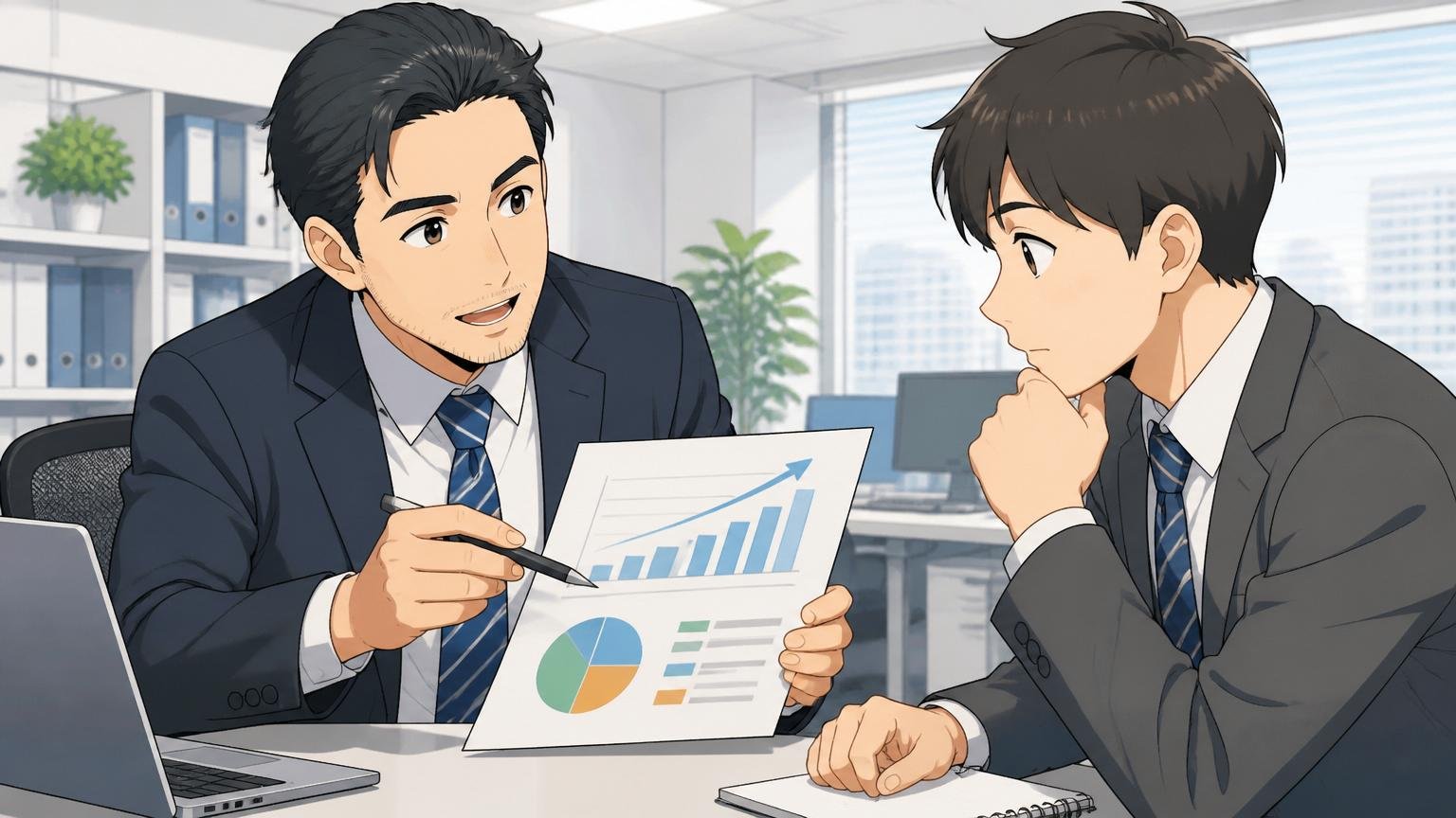 再編=リストラではない理由。企業のオフィスで上司の男性が若手社員に資料を見せながら落ち着いて説明する2人