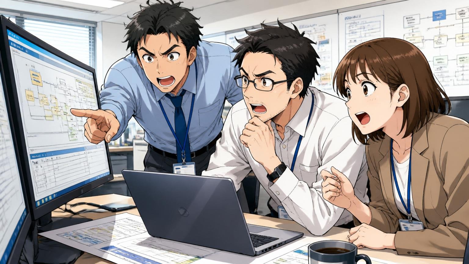 SAPやERPの実装・運用シーン 大手企業のシステム部門 男女3人がモニターを囲んで打ち合わせ