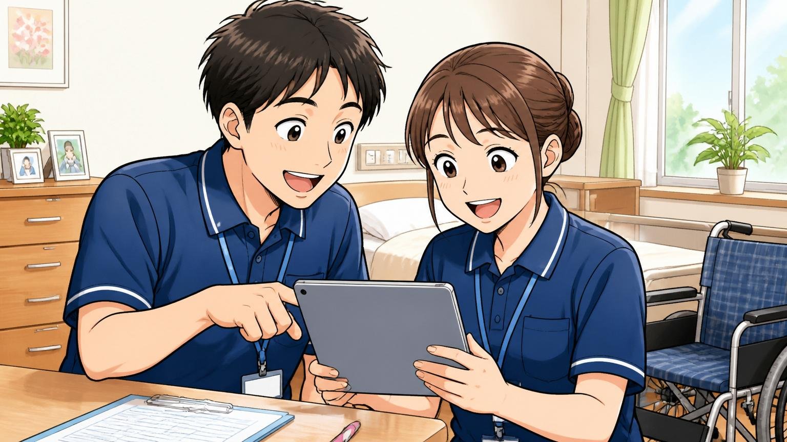 介護施設の居室でタブレットのクラウド介護システムを操作し笑顔で記録を入力する制服姿の介護スタッフ2名