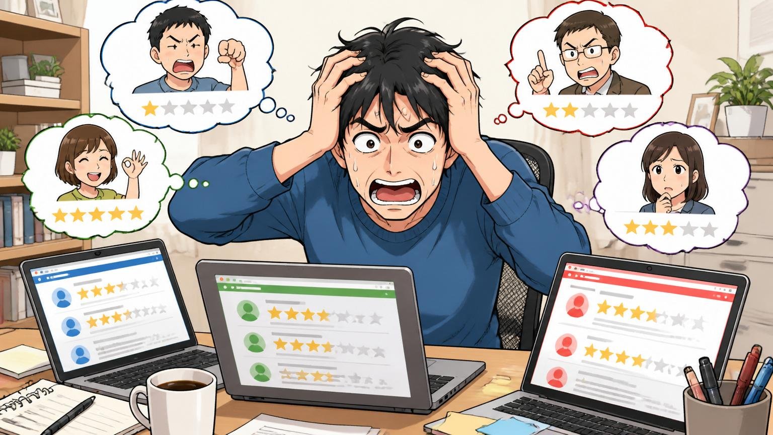 自宅のデスクで複数の口コミサイトを見比べながら混乱した表情で頭を抱える在宅勤務中の男性