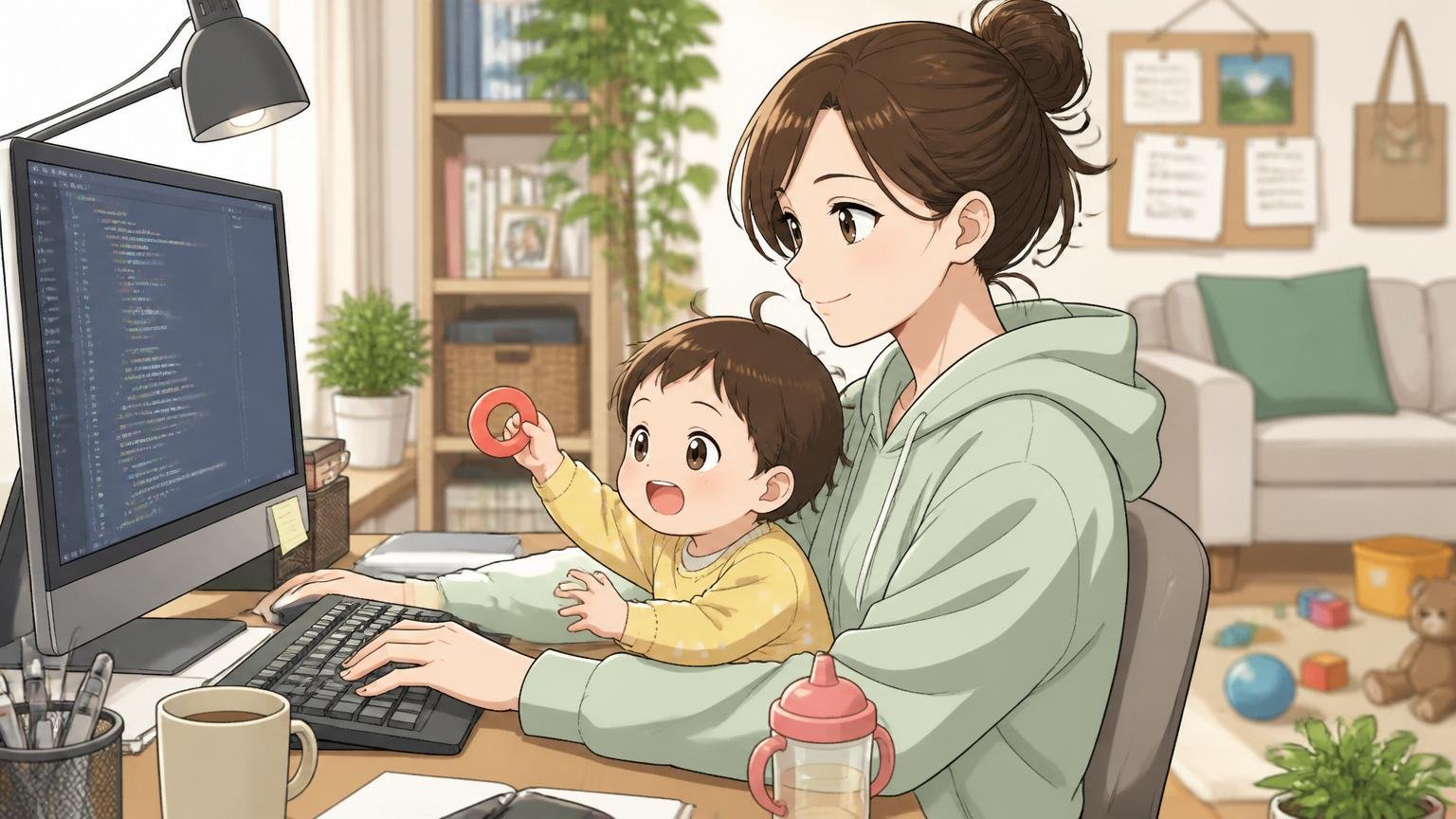 リモートワークで子どもをあやしながら穏やかに仕事をする30代女性エンジニア、自宅のデスクで1人