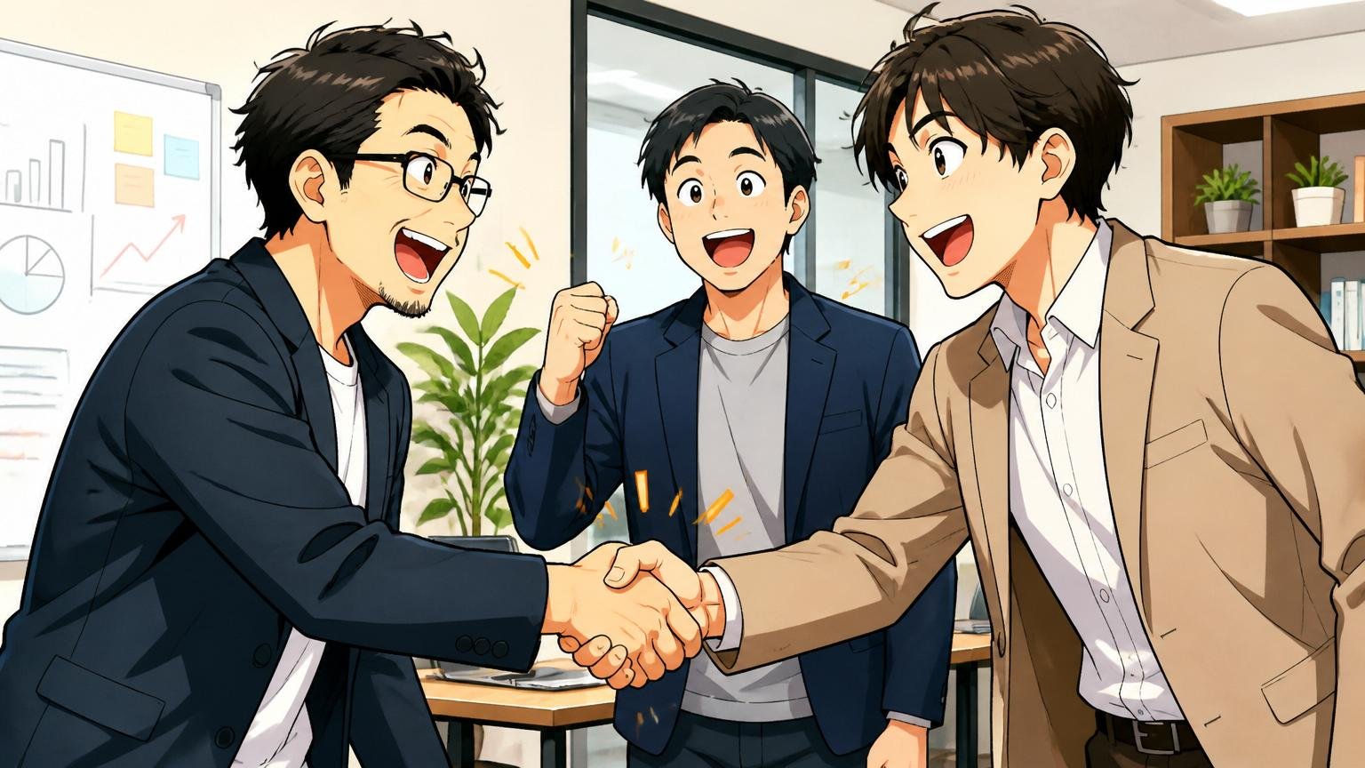 都内のスタートアップオフィスで投資家プレゼンを終えた経営陣2名と社員1名が握手するシーン
