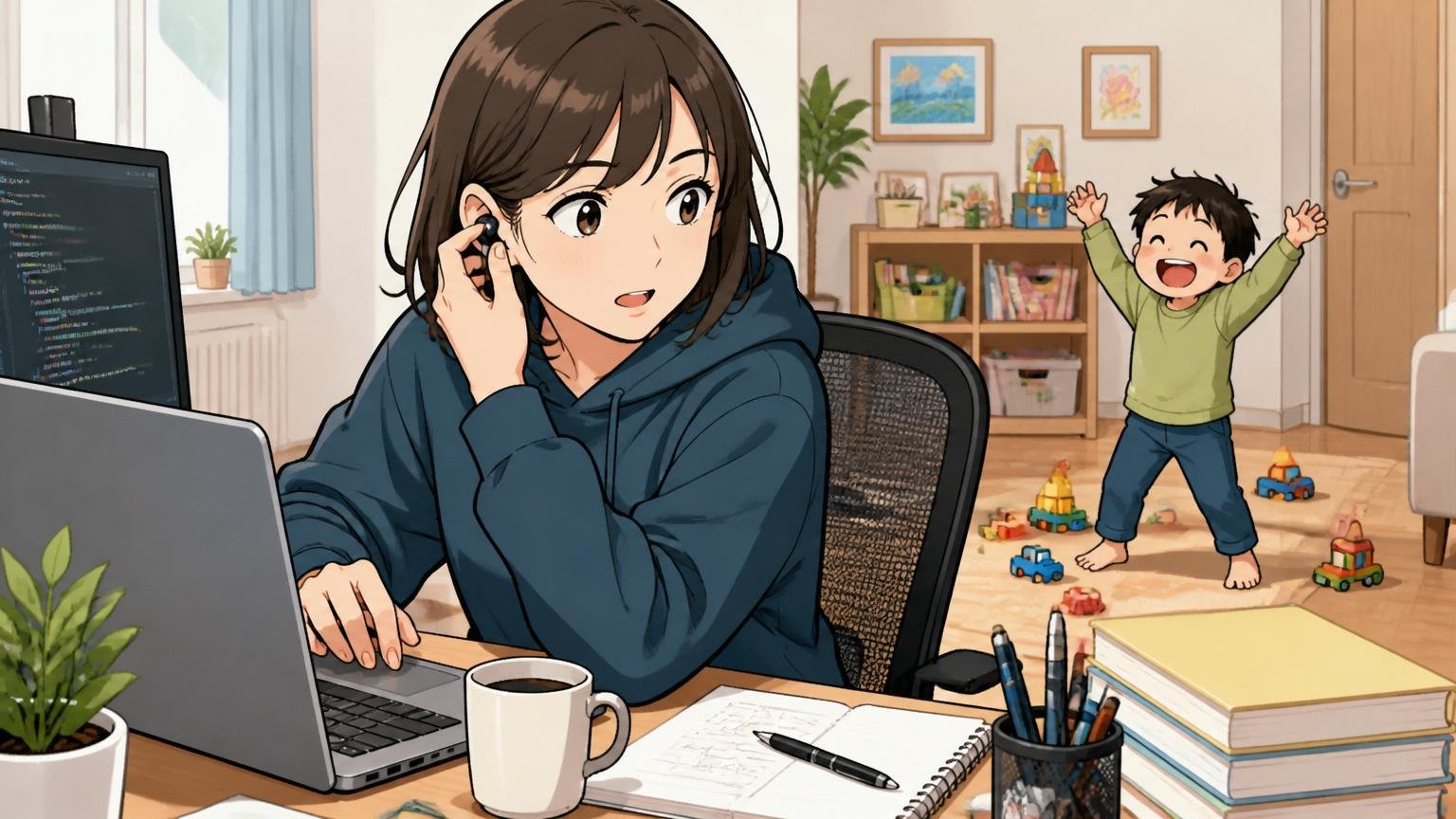 自宅のデスクでリモートワークしながら子どもの様子を確認する30代女性エンジニア1人