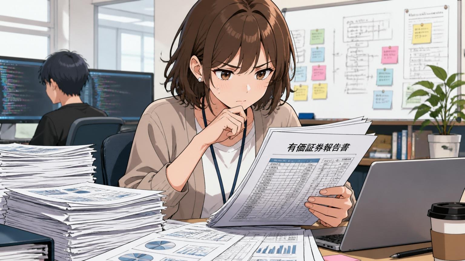 有価証券報告書の数字を読み込むエンジニア。Web系スタートアップのデスク、30代女性1人が真剣な表情で資料に目を落とす