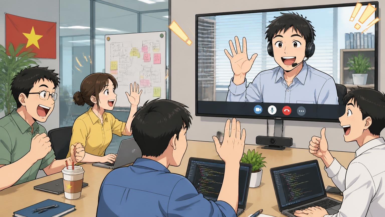 ベトナムのオフィスでオフショア開発チームと日本人エンジニアがビデオ会議で打ち合わせをしている様子