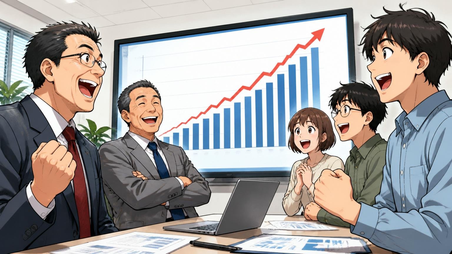 DITの安定性は15期連続増収増益。企業の会議室で40代の経営層と若手エンジニア計5人が業績グラフを見て満足げな表情
