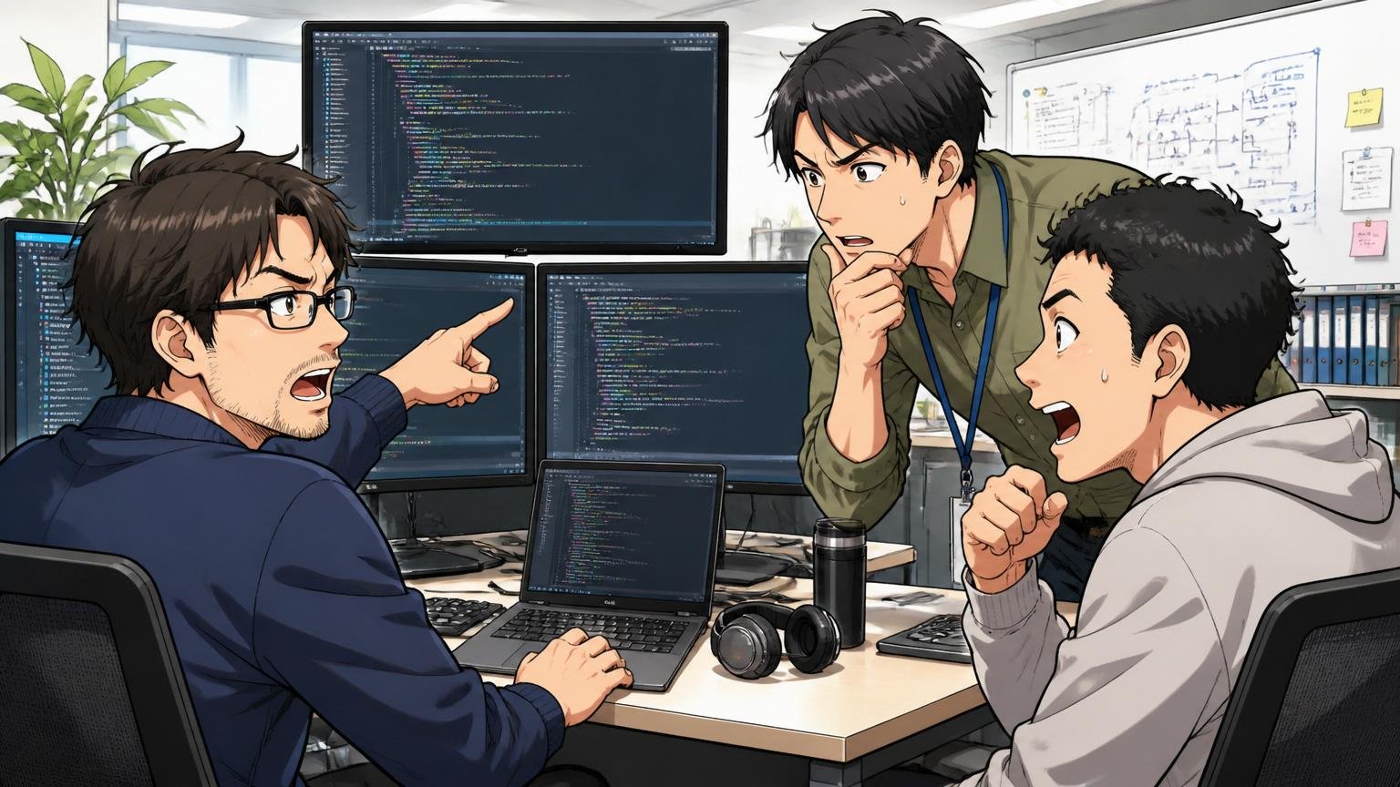 SIerの開発現場で複数のディスプレイを前にコードレビューをする30代エンジニア3人