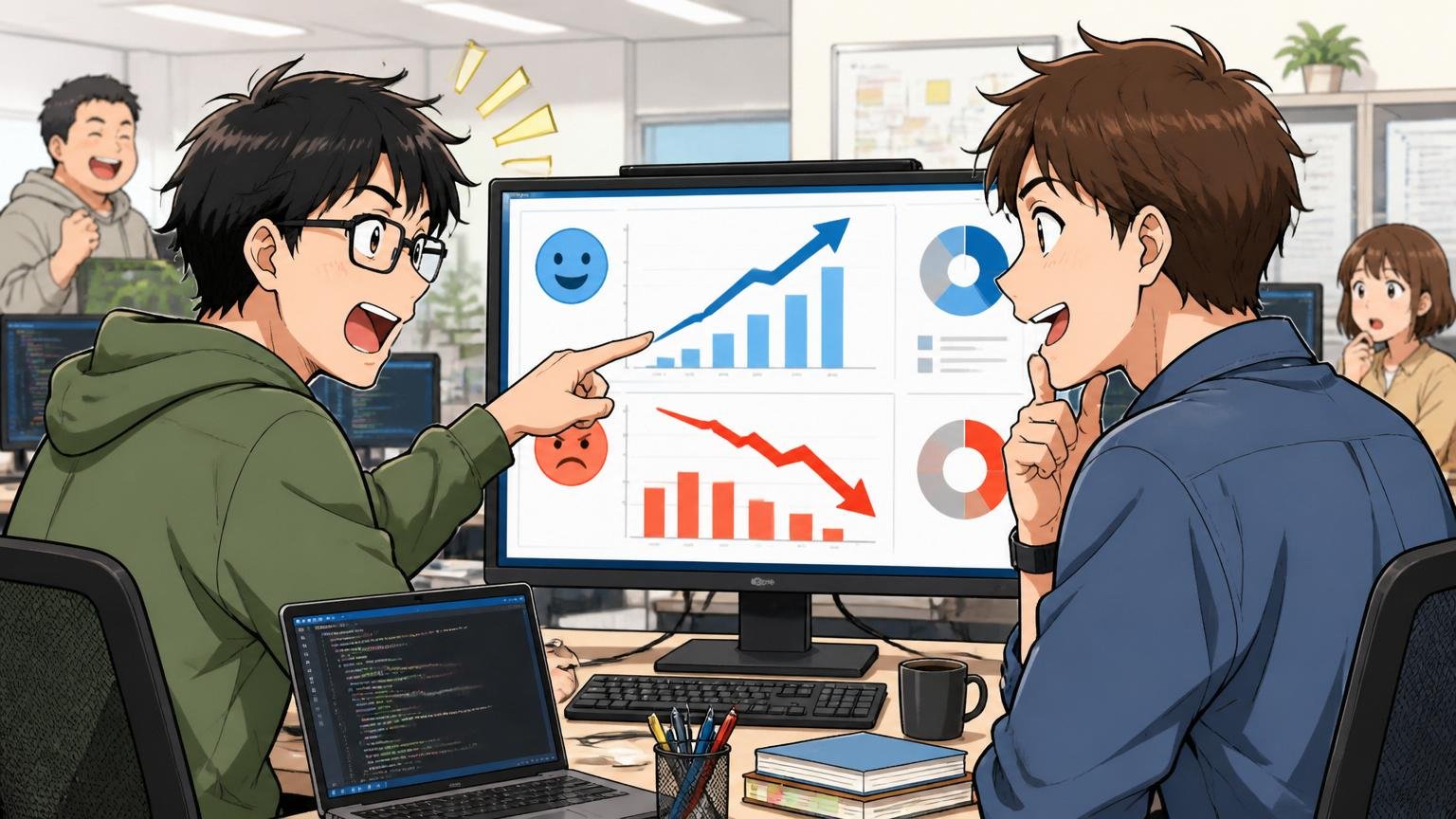 キャリコネのホワイト・ブラック評価を見える化。場所=SIerの開発現場。登場人物=2人のエンジニア。動作=モニターのグラフを指差して話し合う