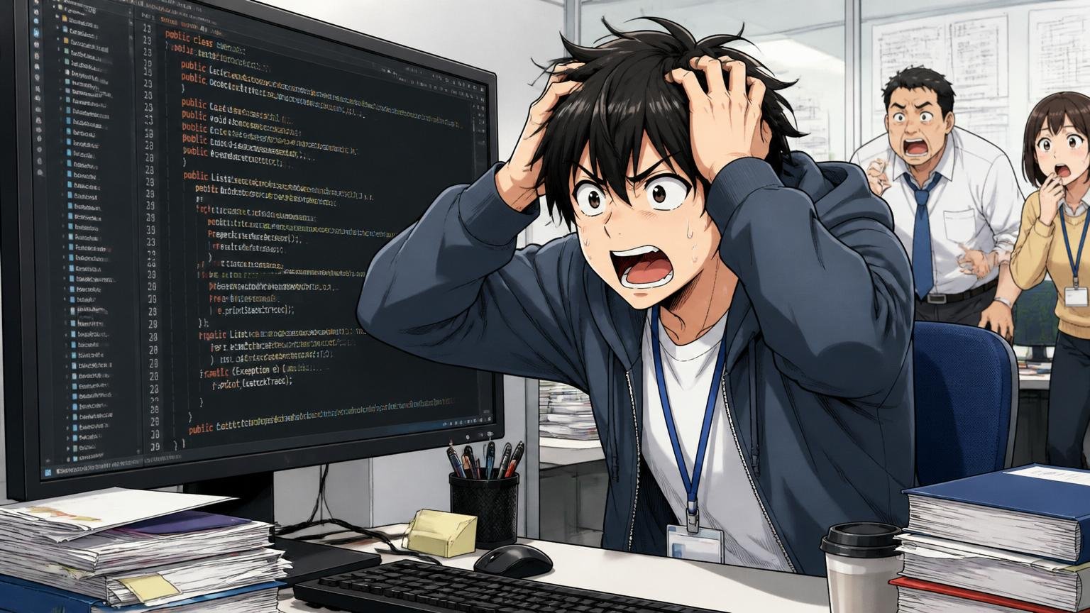SIerの開発現場でJavaの古いコードベースを画面に映し出して頭を抱える若手エンジニア
