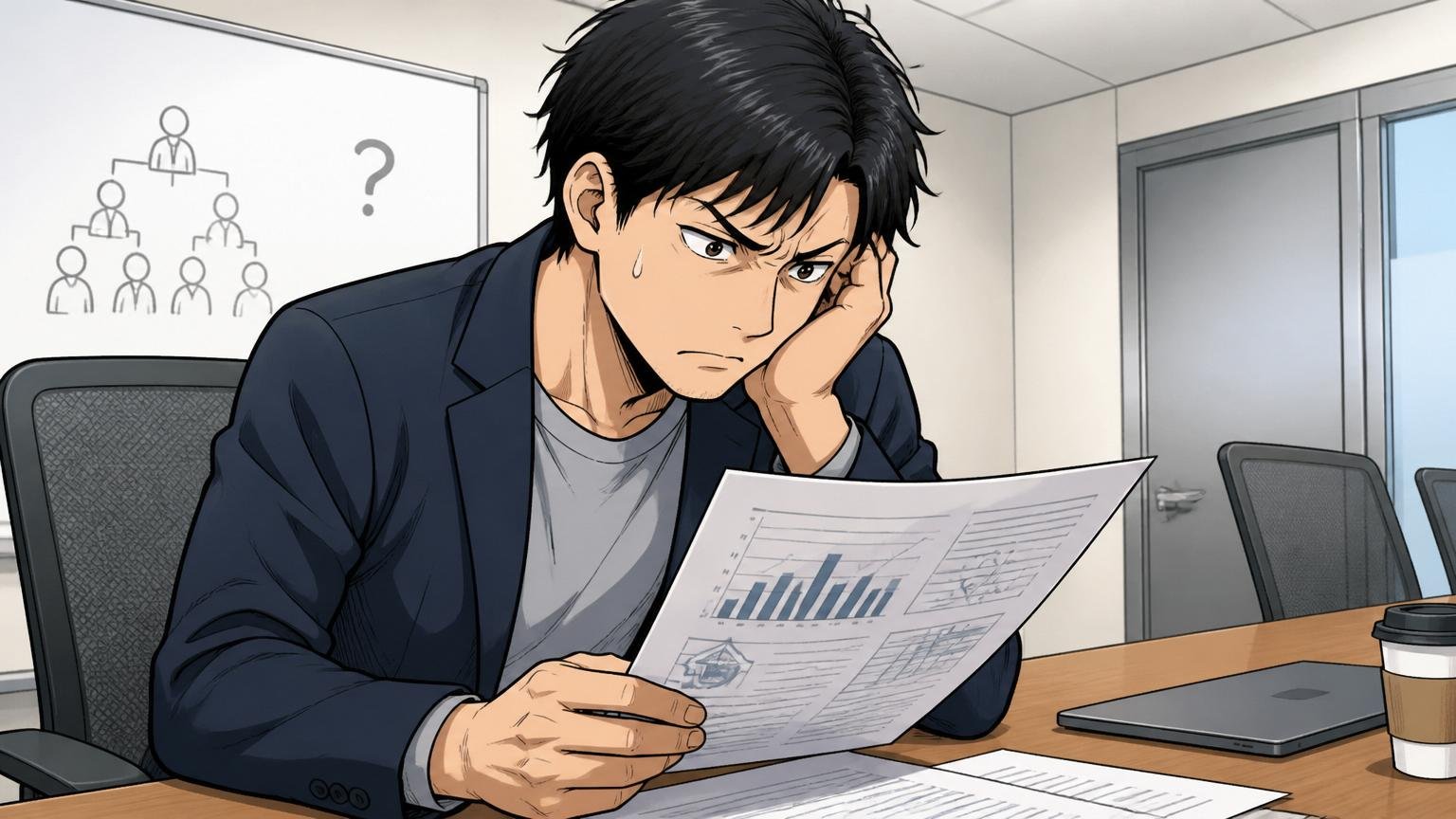 評価制度が不透明という口コミを解説。企業の会議室で評価面談を受けた後、納得いかない表情で資料を見つめる中堅エンジニアの様子